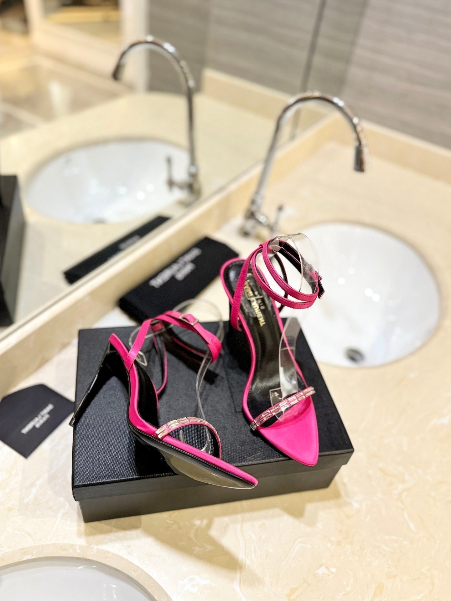 SL RHINESTONE HEELED SANDALS BRIGHT PINK SATIN - 35