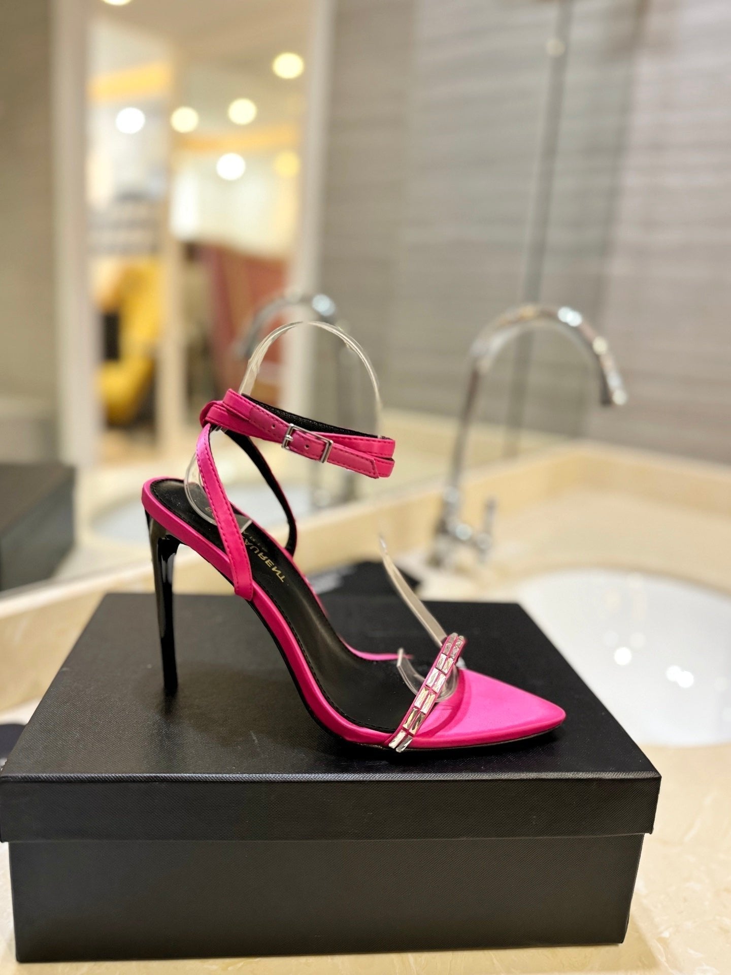 SL RHINESTONE HEELED SANDALS BRIGHT PINK SATIN - 35