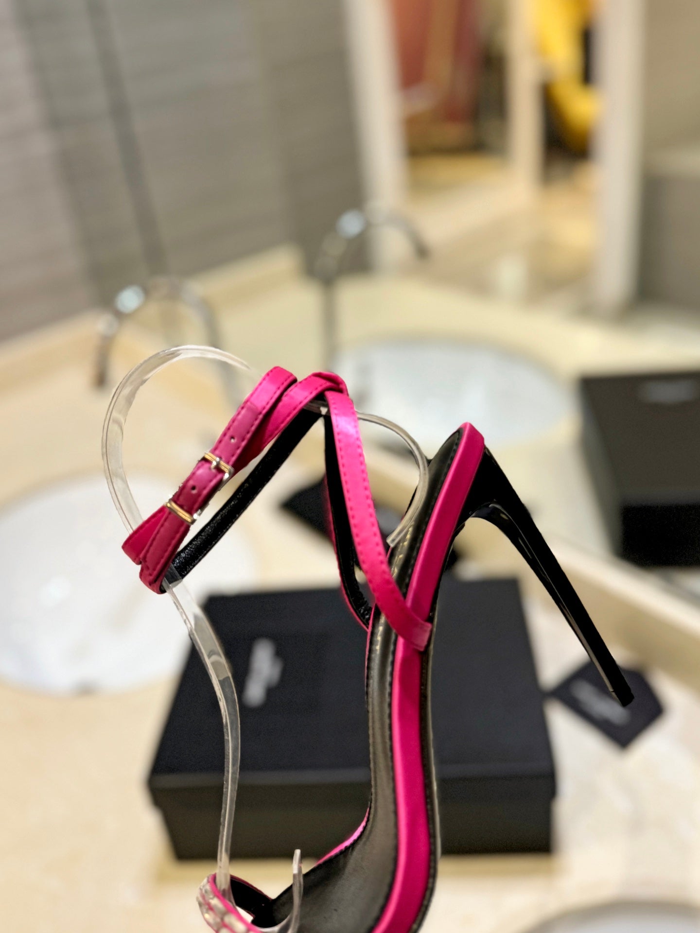 SL RHINESTONE HEELED SANDALS BRIGHT PINK SATIN - 35