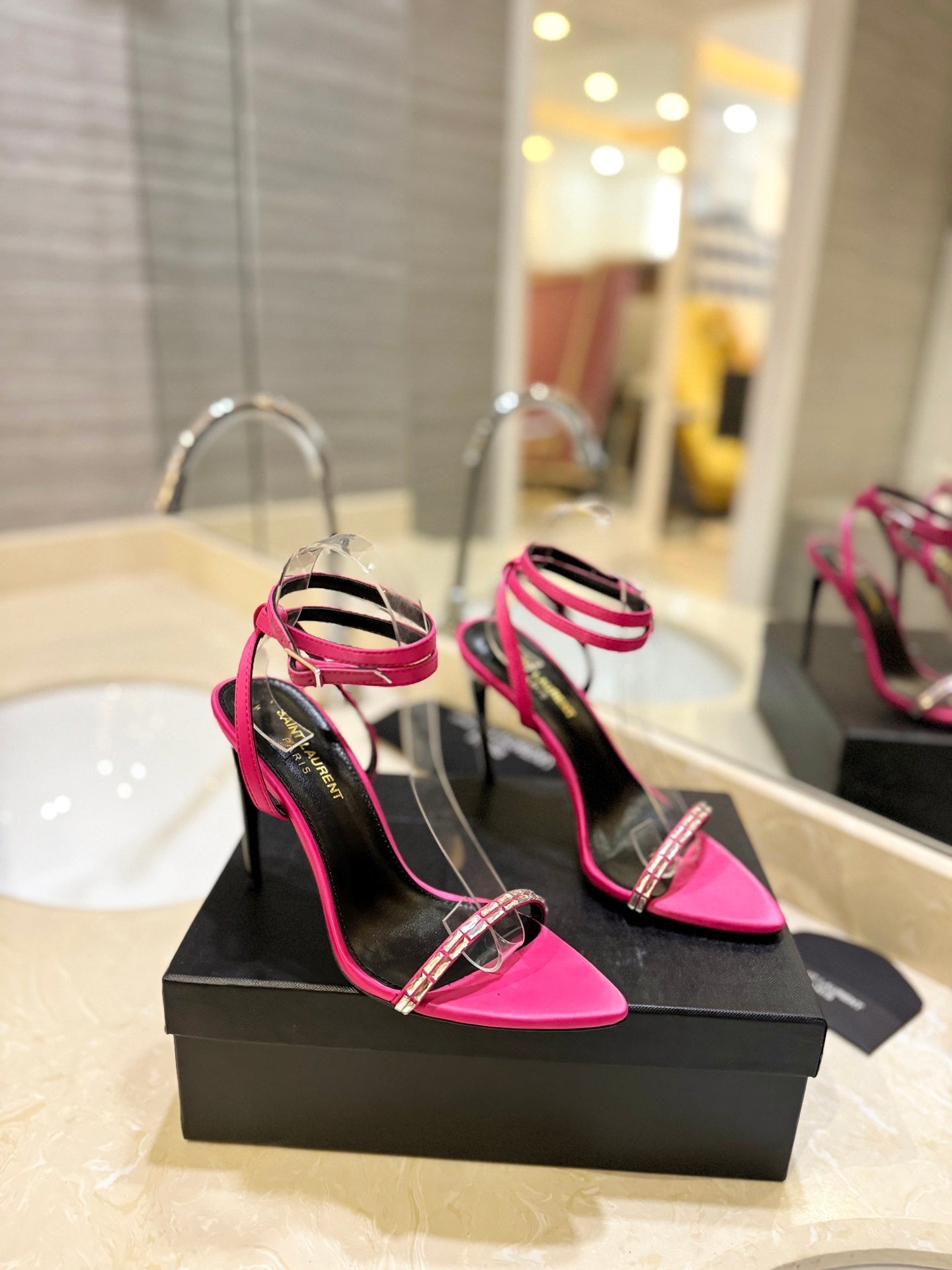 SL RHINESTONE HEELED SANDALS BRIGHT PINK SATIN - 35