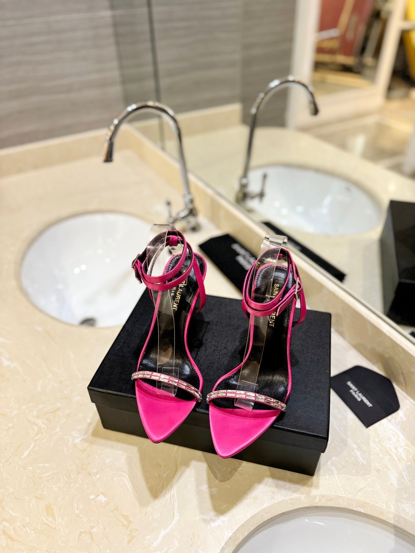 SL RHINESTONE HEELED SANDALS BRIGHT PINK SATIN - 35