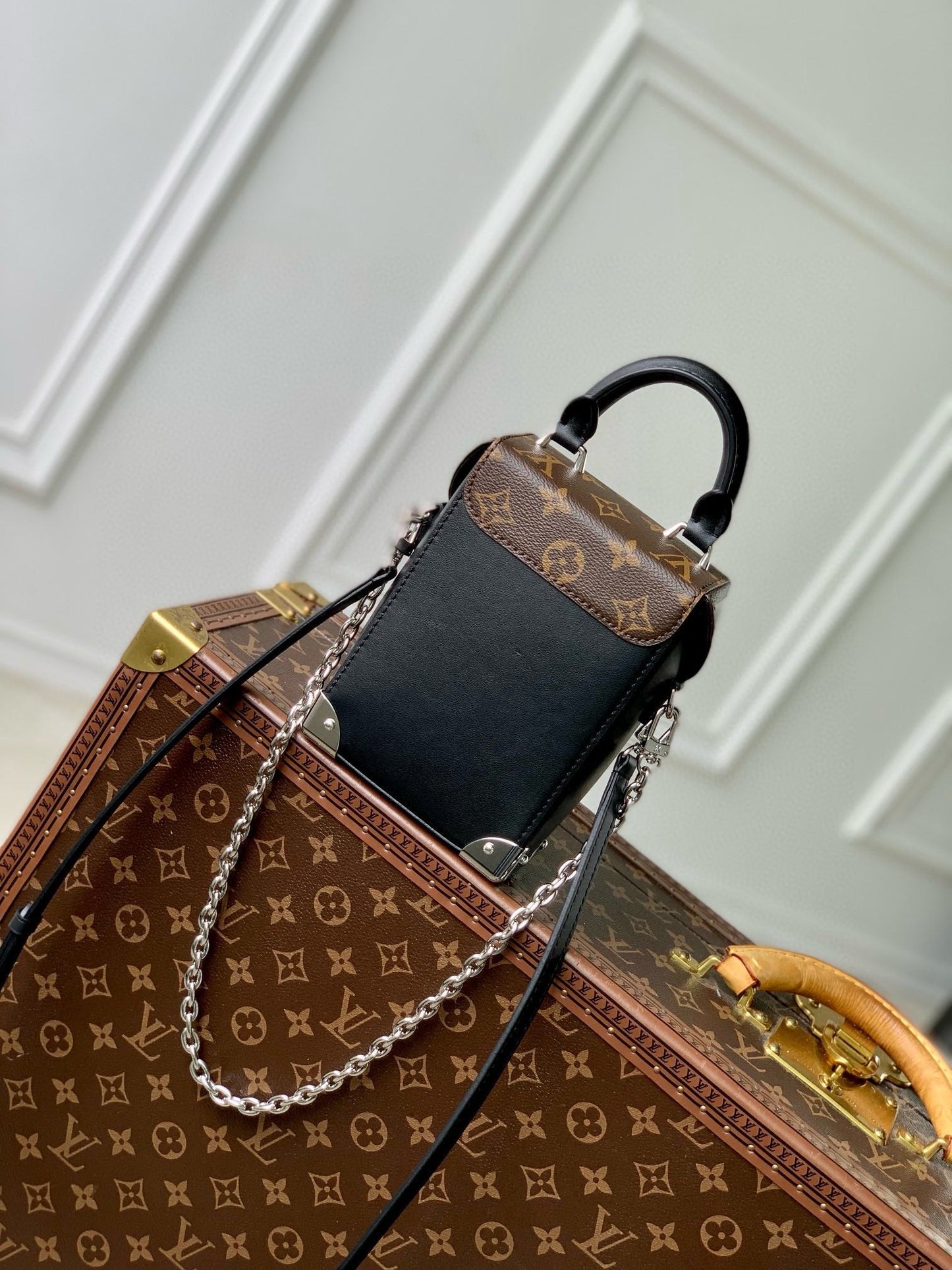 CAMERA BOX VIVE BAG 17 IN BLACK MONOGRAM CALFSKIN SILVER-TONE METALLIC