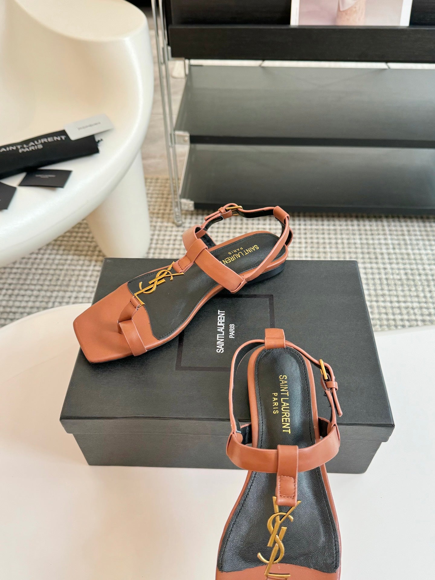 SL Cassandra Flat Sandals Black Tan Leather - 35