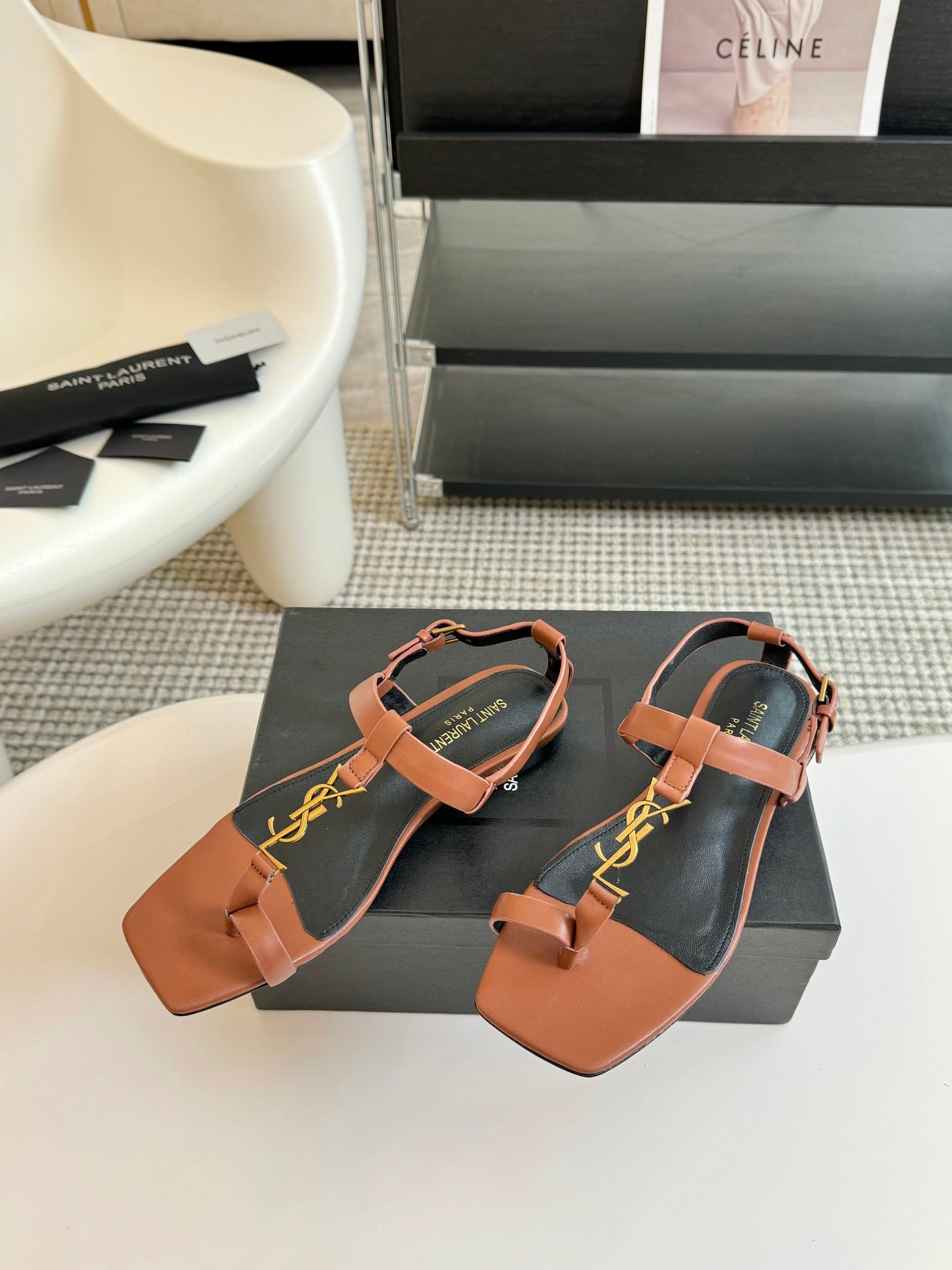 SL Cassandra Flat Sandals Black Tan Leather - 35