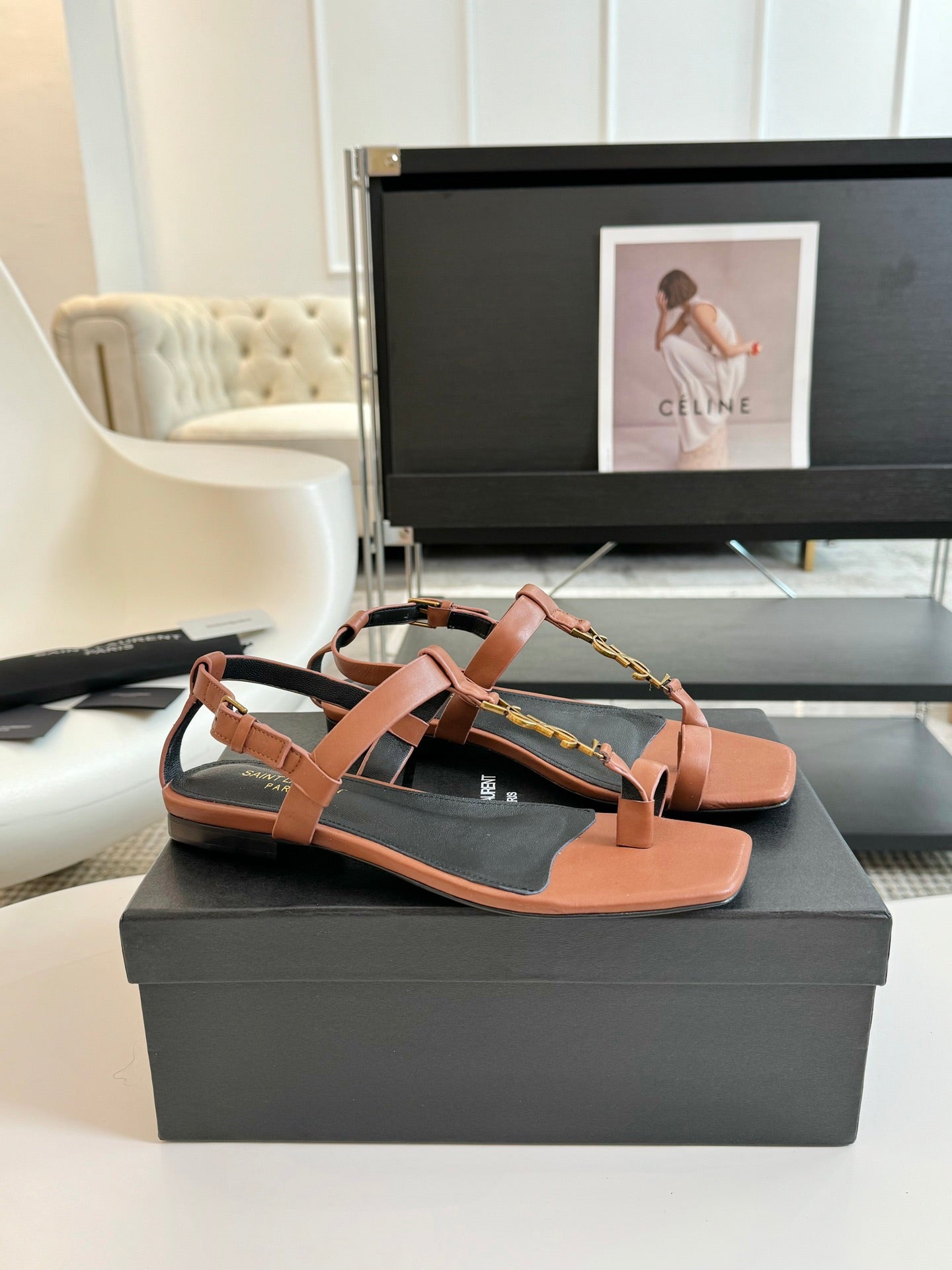 SL Cassandra Flat Sandals Black Tan Leather - 35
