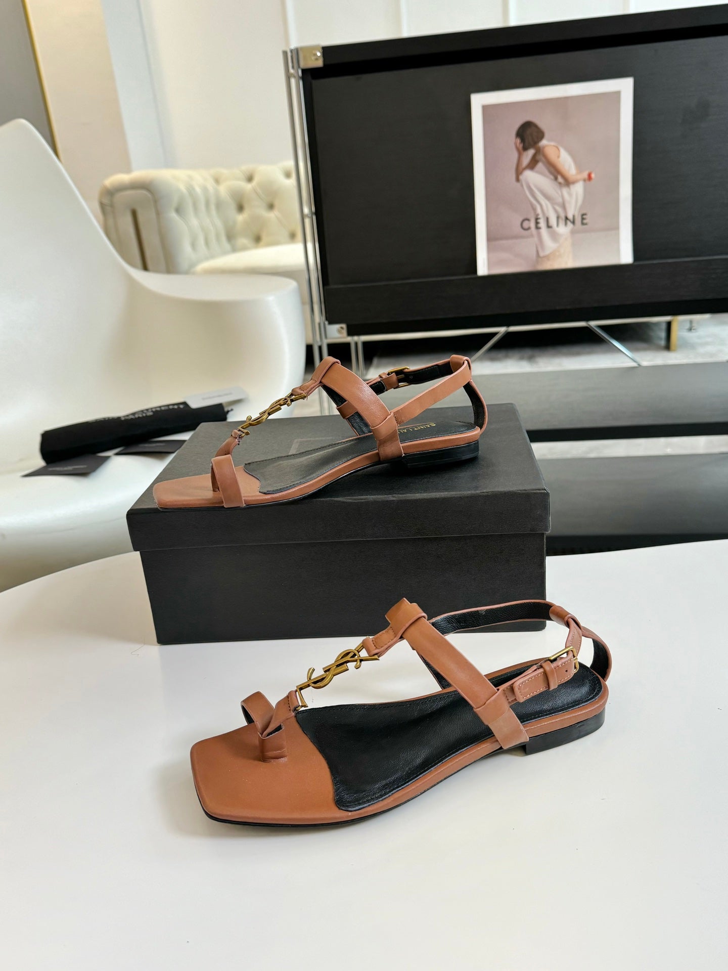 SL Cassandra Flat Sandals Black Tan Leather - 35