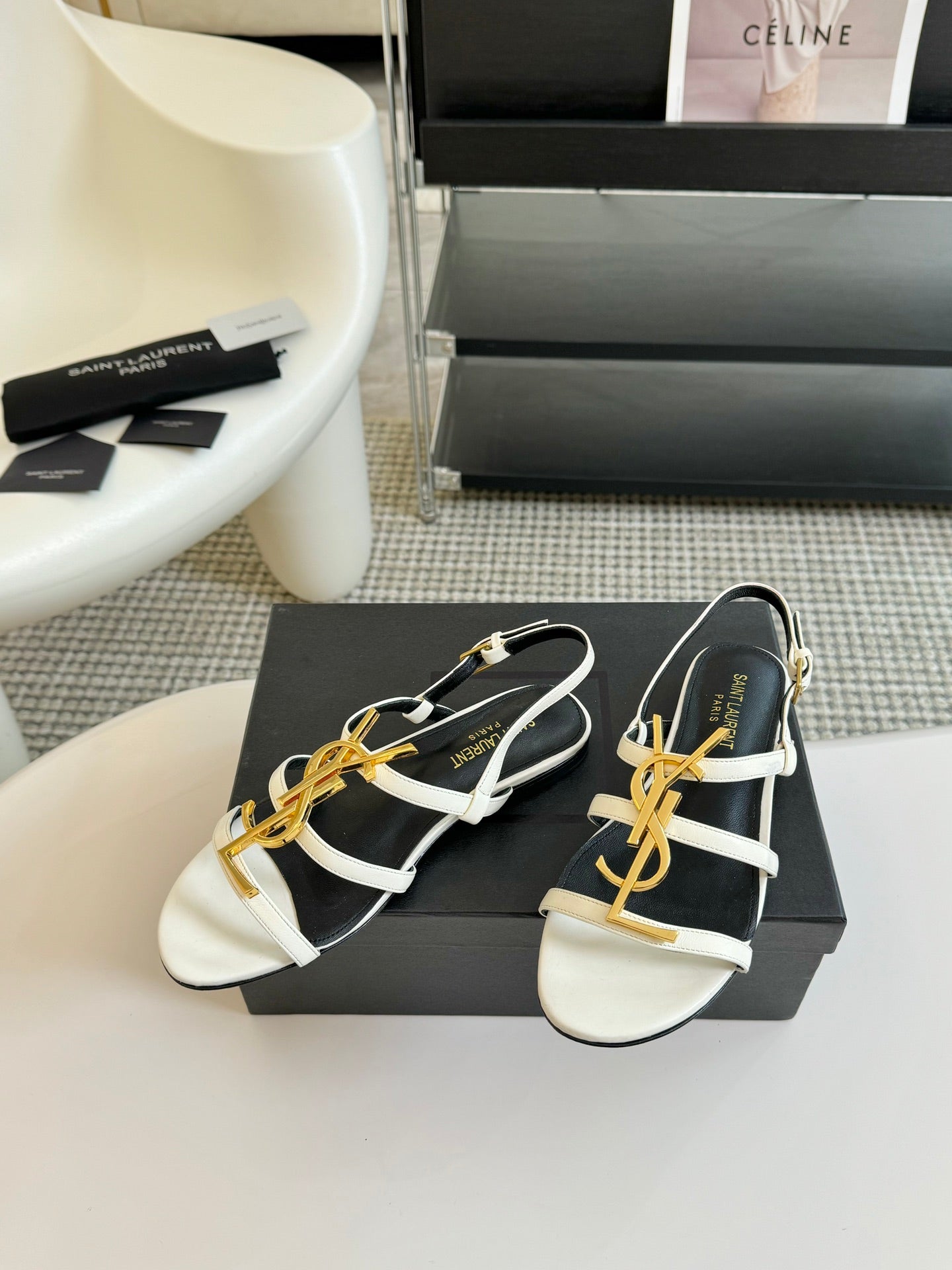 Yves SL Buckle Women Sandals Black White Leather - 35