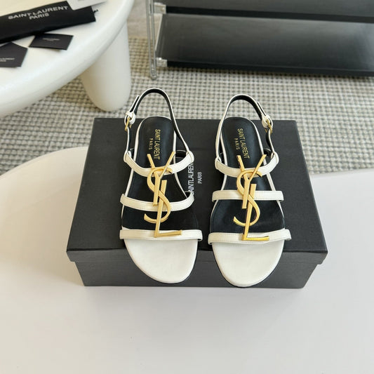 Yves SL Buckle Women Sandals Black White Leather - 35