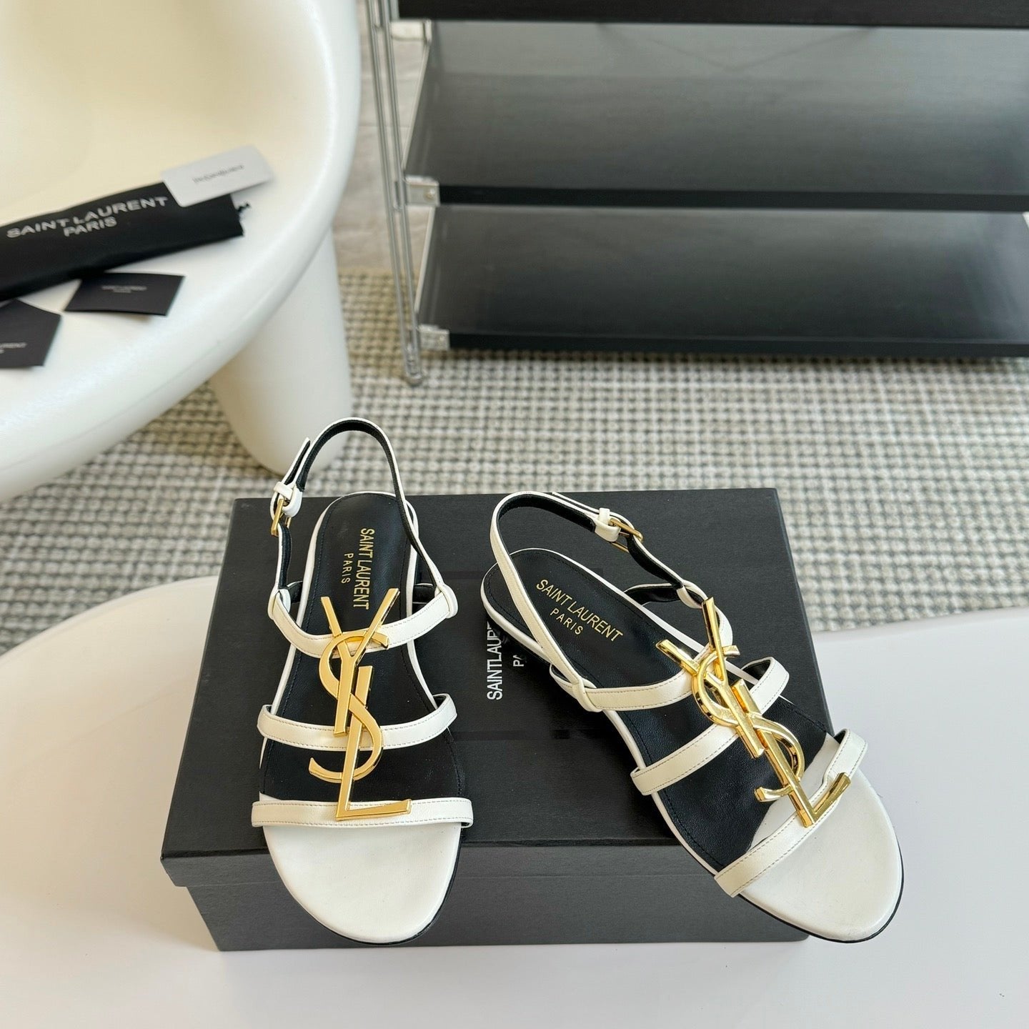 SL CASSANDRA TRIPLE SANDAL FLAT WHITE CALFSKIN - 34