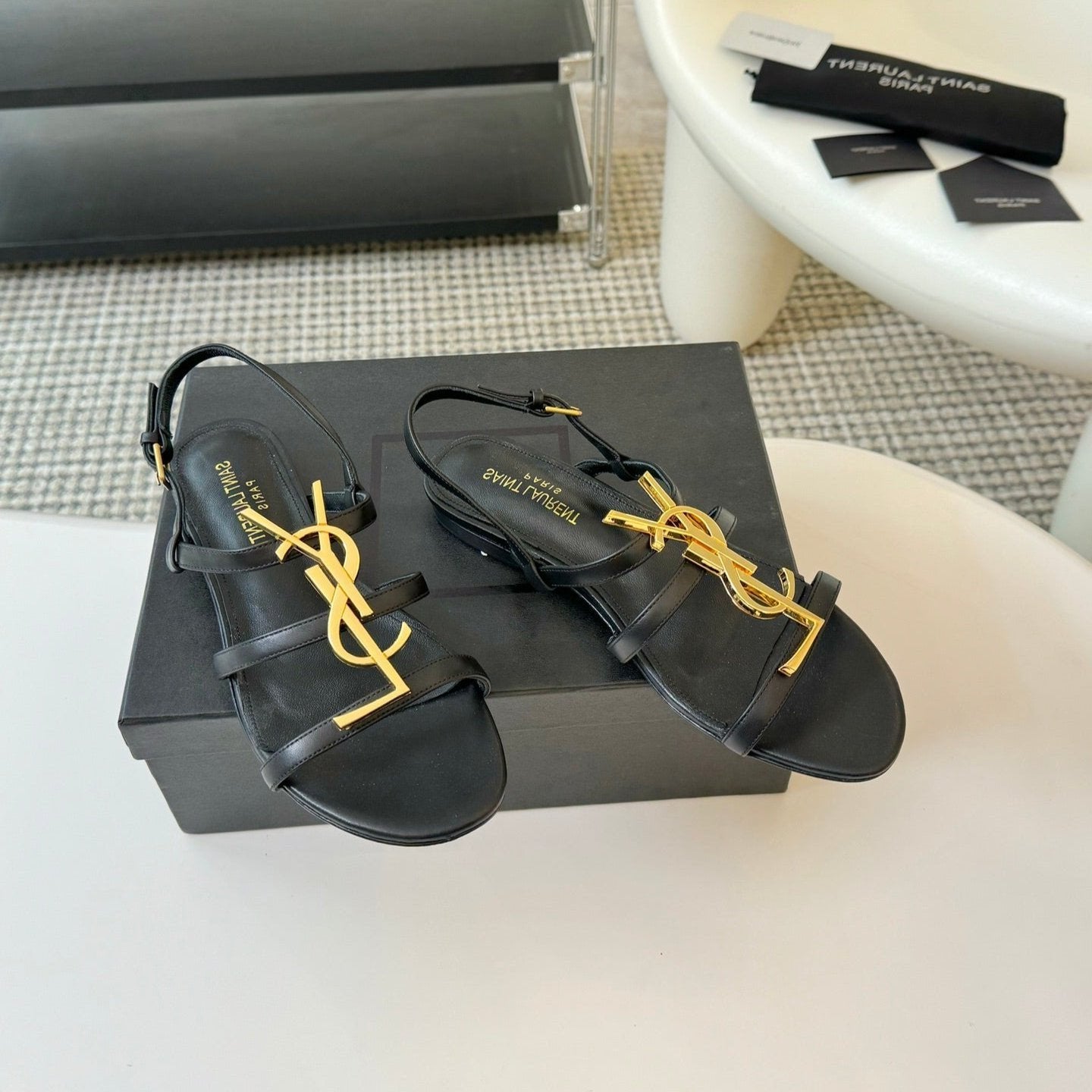 SL CASSANDRA TRIPLE SANDAL FLAT BLACK CALFSKIN - 34