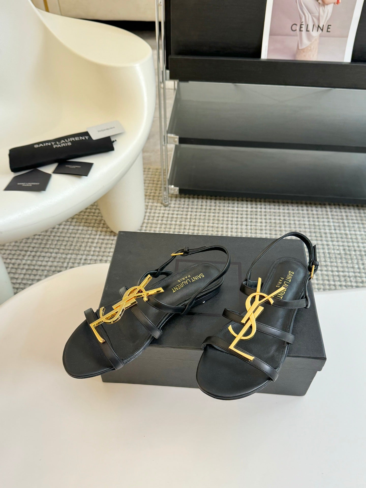 Yves SL Buckle Women Sandals Black Leather - 35