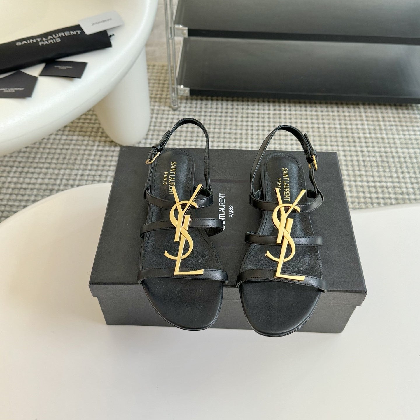 Yves SL Buckle Women Sandals Black Leather - 35