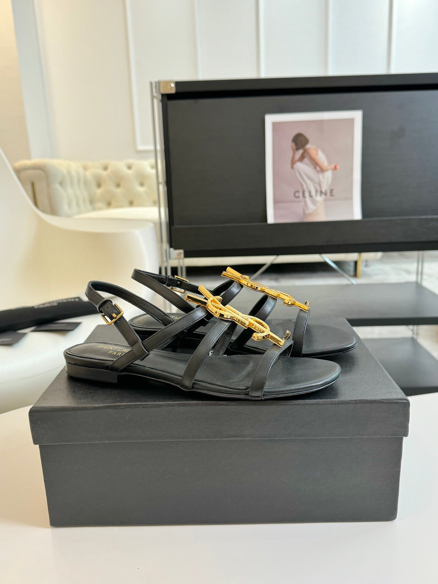 SL CASSANDRA TRIPLE SANDAL FLAT BLACK CALFSKIN - 34