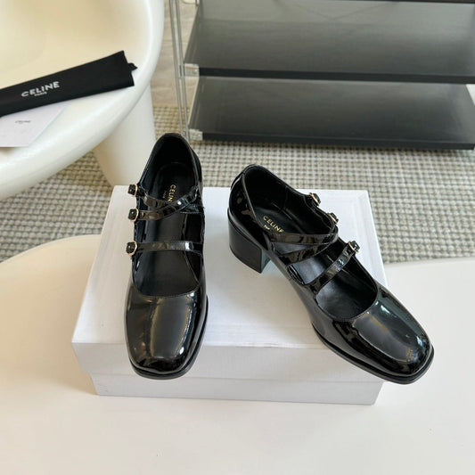 WOMEN'S SANDALS WITH ROUND TOE GLOSSY BLACK  SPECIFIC COWHIDE - 35