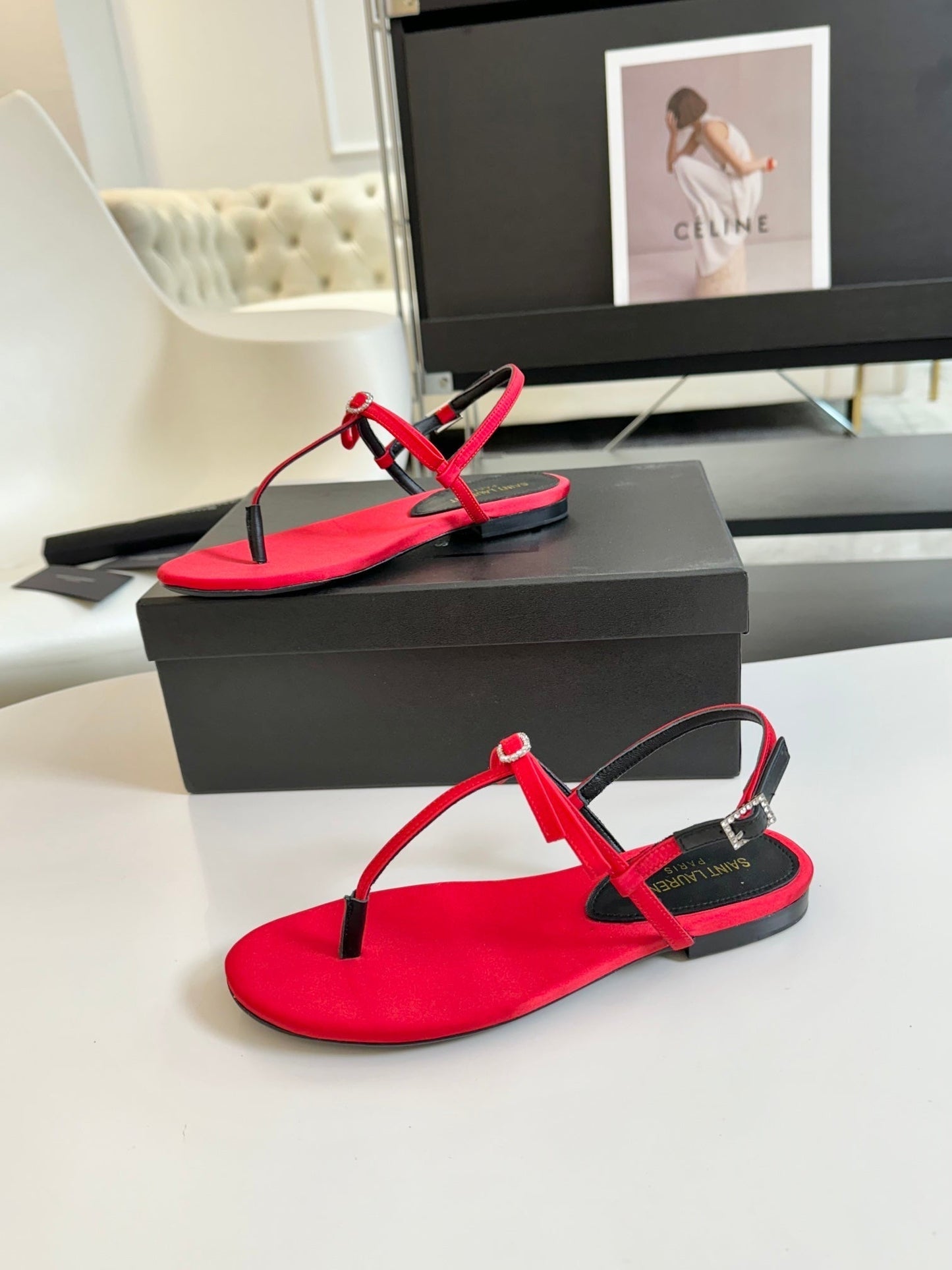 SL CRYSTAL T-STRAP FLAT SANDAL RED SATIN - 35