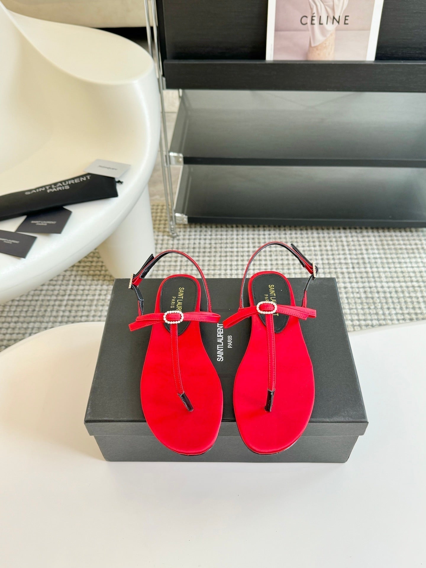 SL CRYSTAL T-STRAP FLAT SANDAL RED SATIN - 35