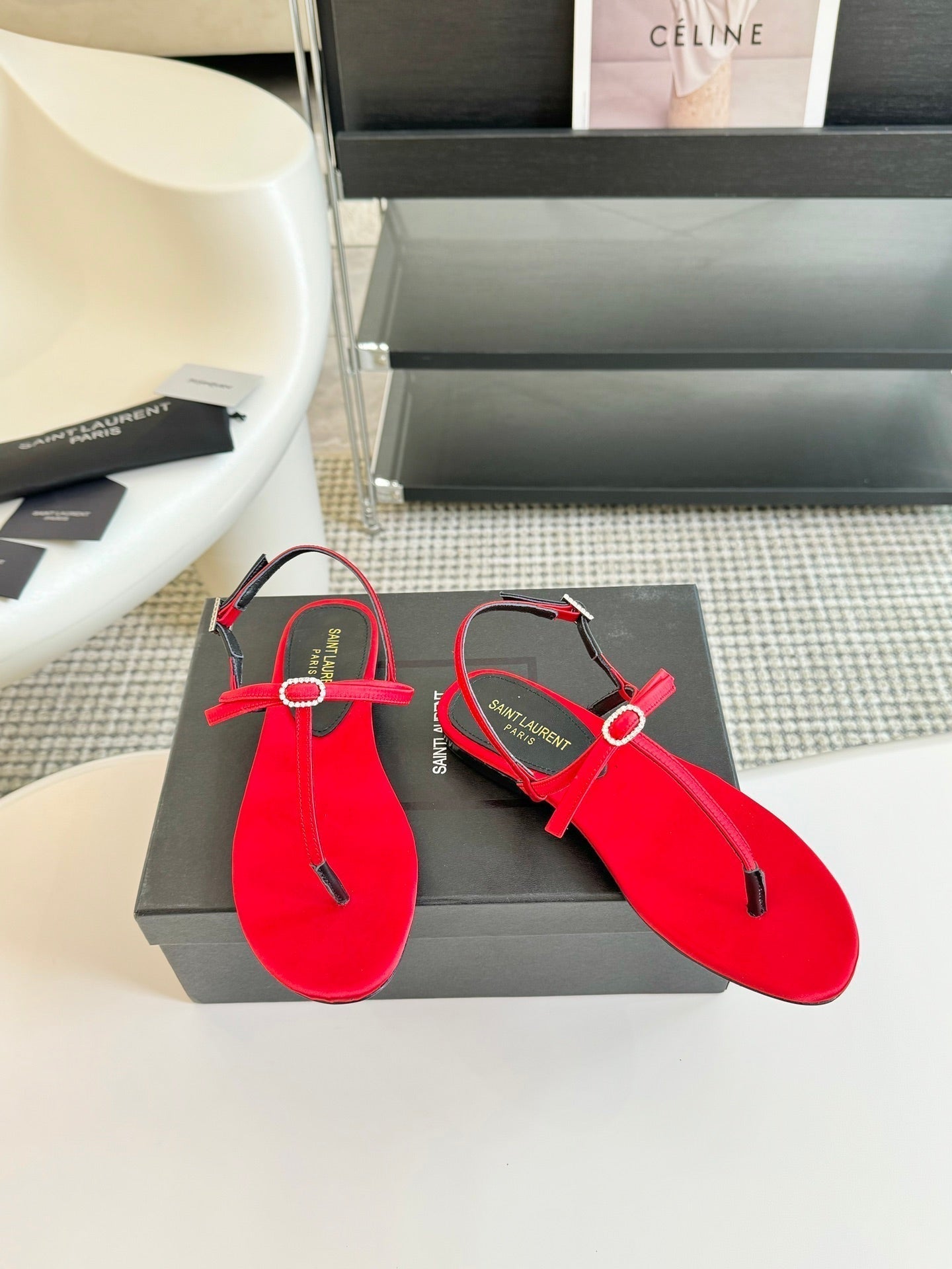 SL CRYSTAL T-STRAP FLAT SANDAL RED SATIN - 35