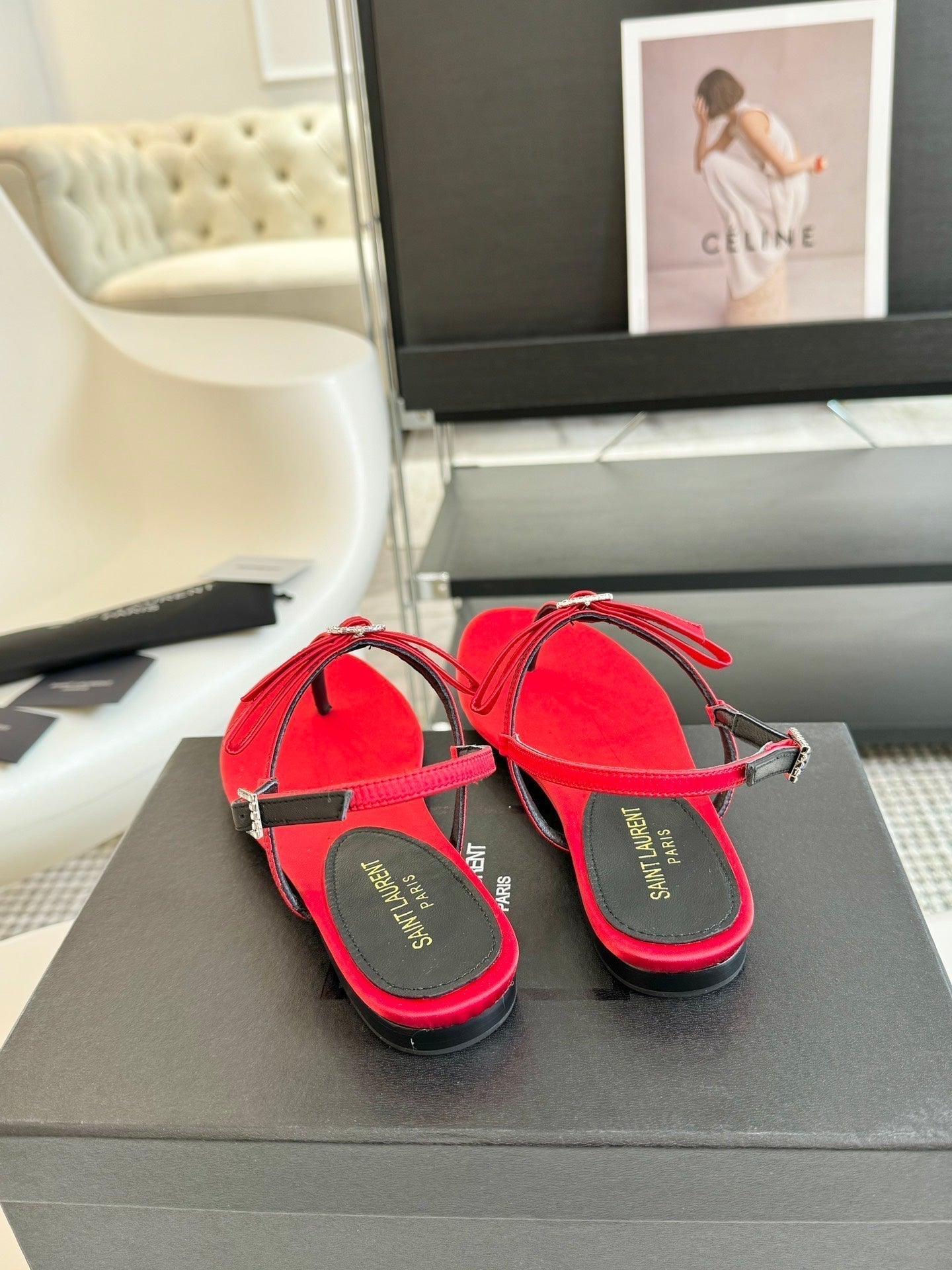 SL Silk Bow T-Strap Flat Sandals Red Leather - 35
