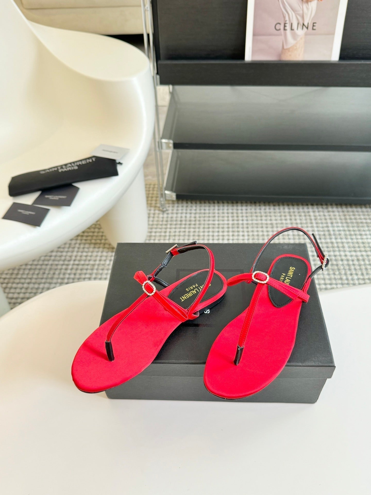 SL Silk Bow T-Strap Flat Sandals Red Leather - 35