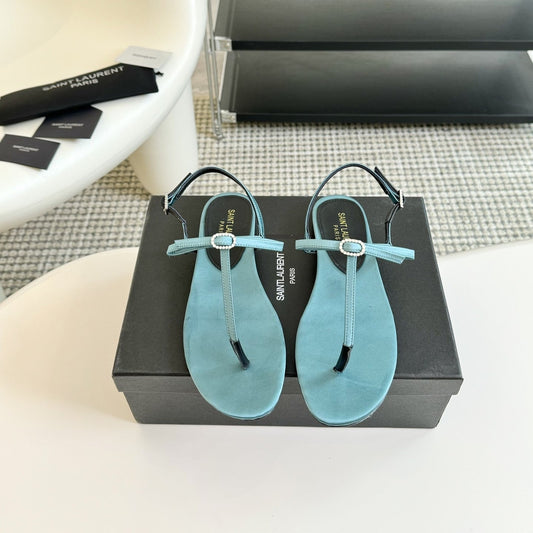 SL Silk Bow T-Strap Flat Sandals Cloud Blue Leather - 35