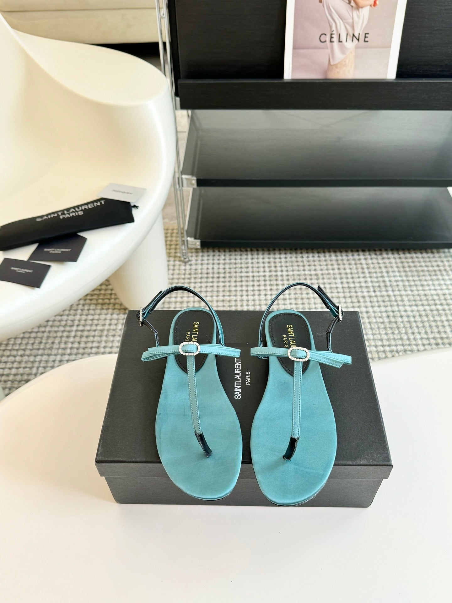 SL CRYSTAL T-STRAP FLAT SANDAL SAPPHIRE SATIN - 35