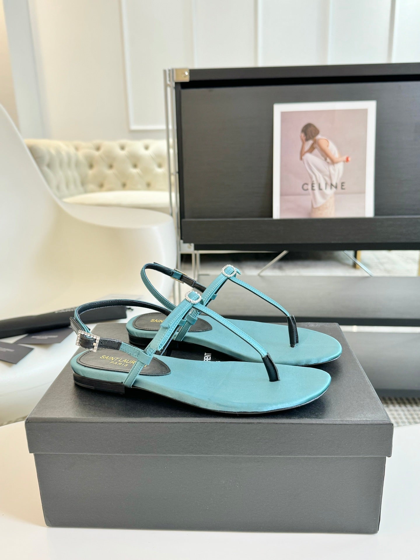 SL Silk Bow T-Strap Flat Sandals Cloud Blue Leather - 35
