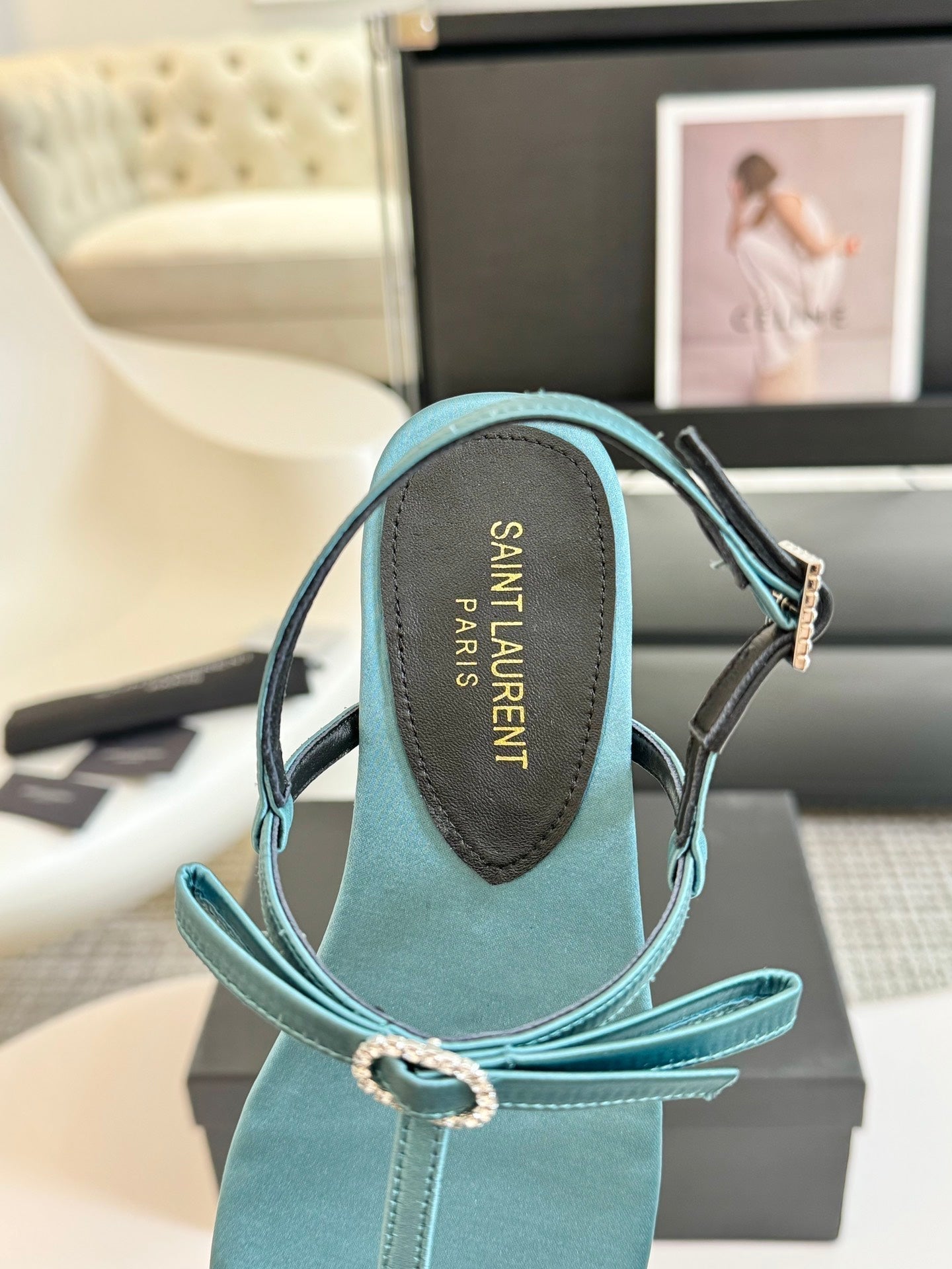 SL Silk Bow T-Strap Flat Sandals Cloud Blue Leather - 35