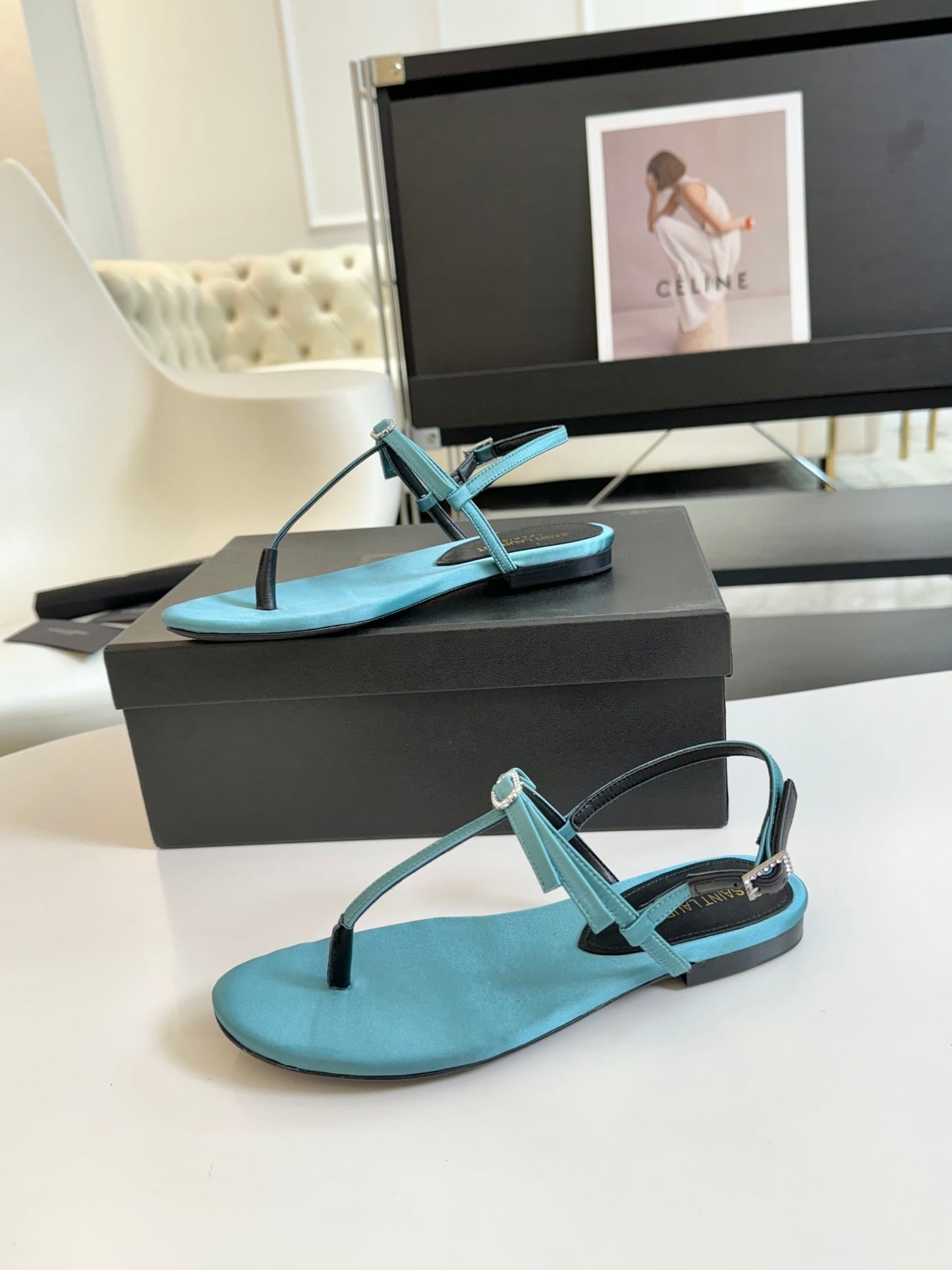 SL Silk Bow T-Strap Flat Sandals Cloud Blue Leather - 35