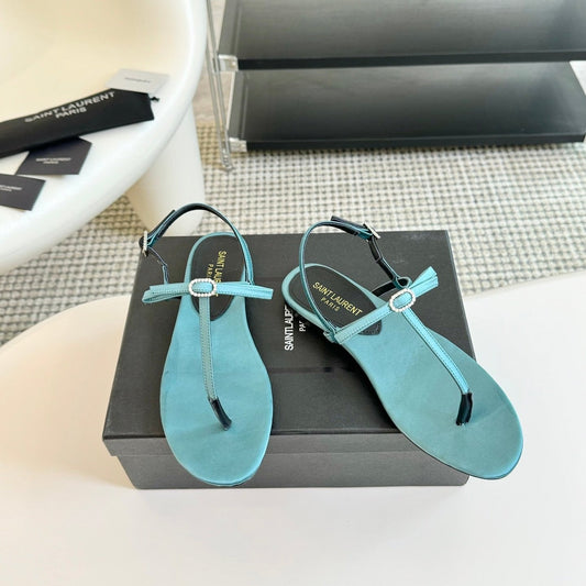 SL CRYSTAL T-STRAP FLAT SANDAL SAPPHIRE SATIN - 35