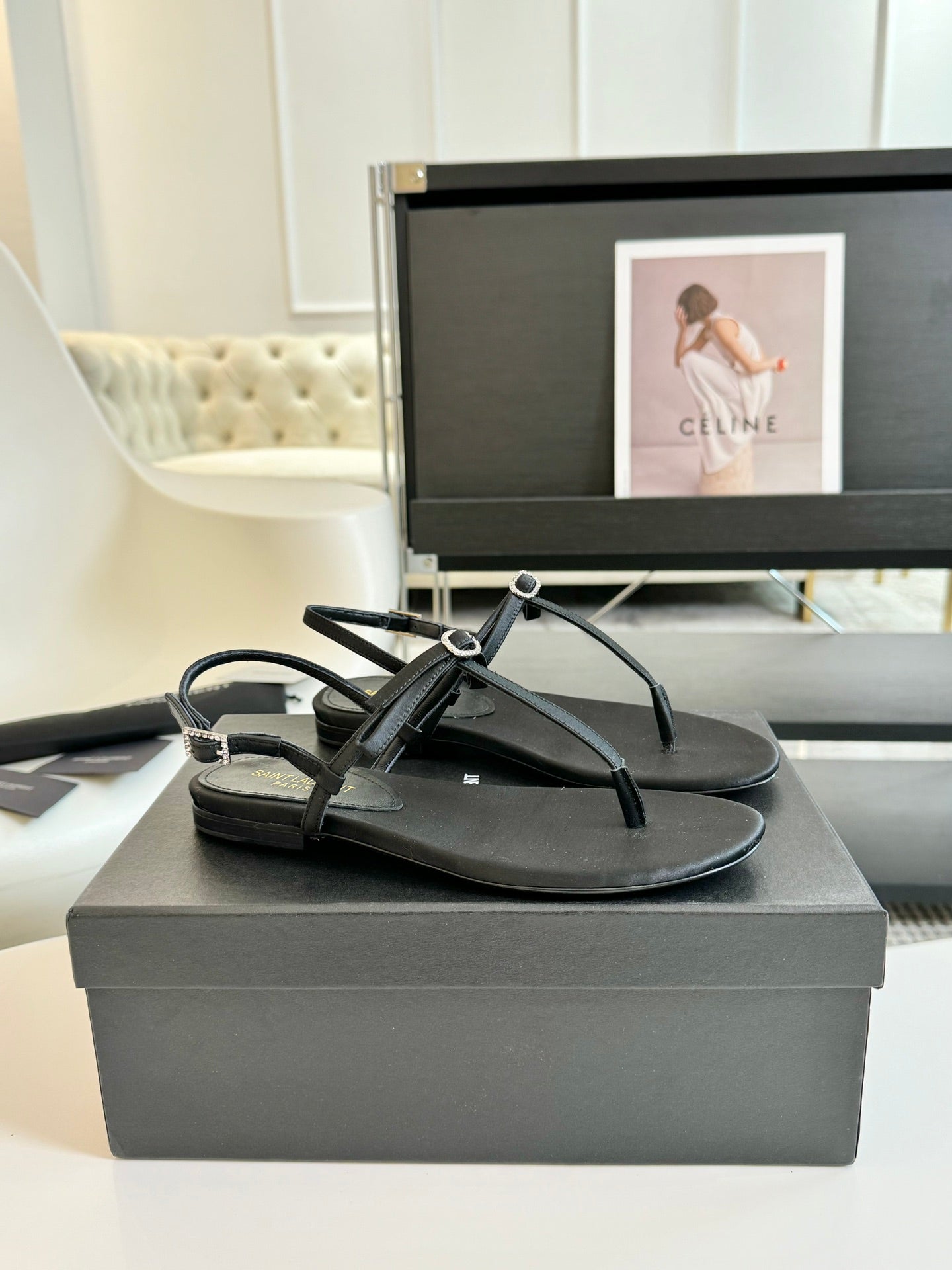 SL Silk Bow T-Strap Flat Sandals Black Leather - 35