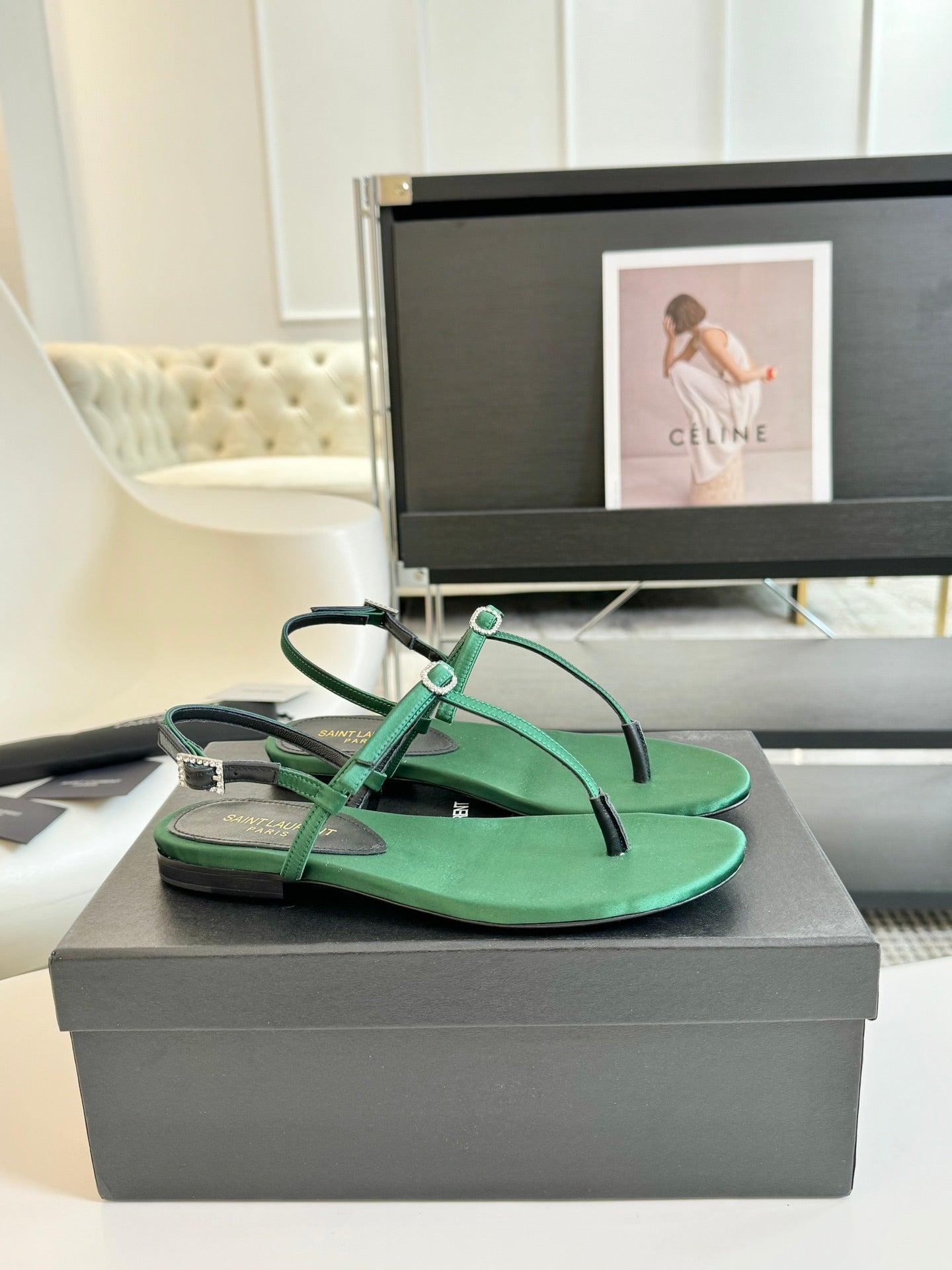 SL Silk Bow T-Strap Flat Sandals Green Leather - 35