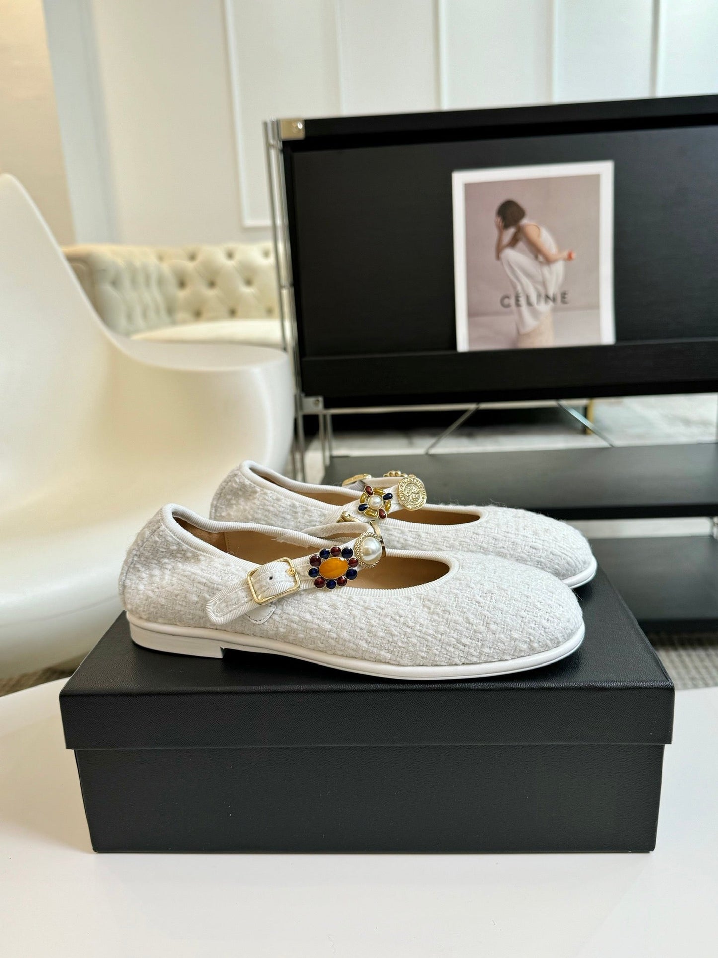 MARY JANE SHOES WHITE WOOL TWEED - 35