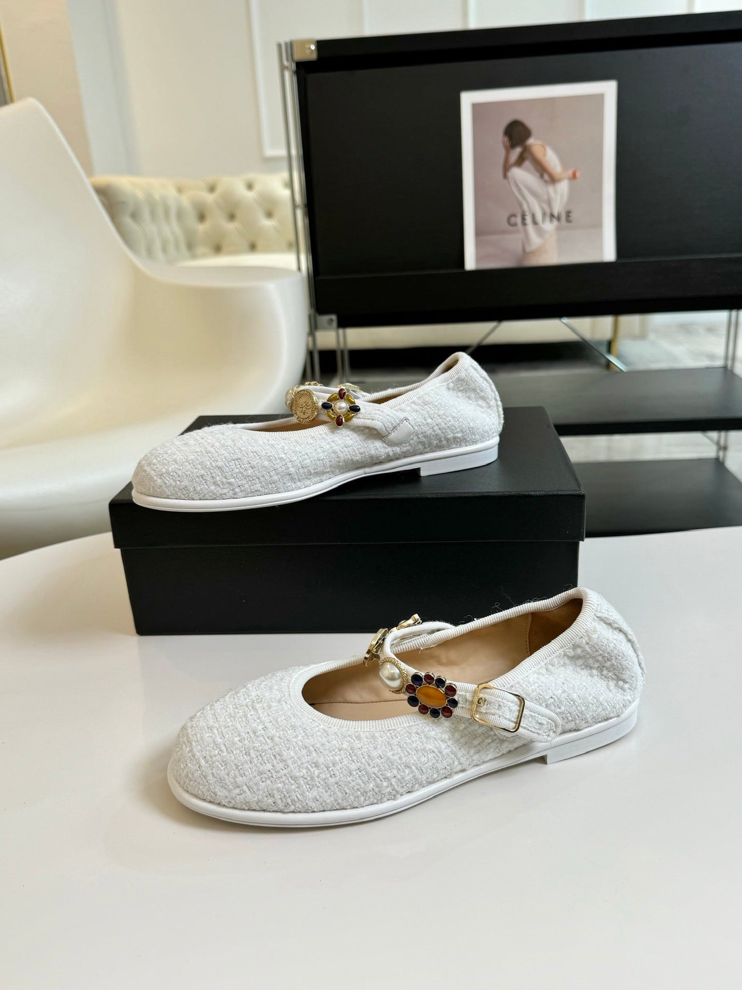 MARY JANE SHOES WHITE WOOL TWEED - 35