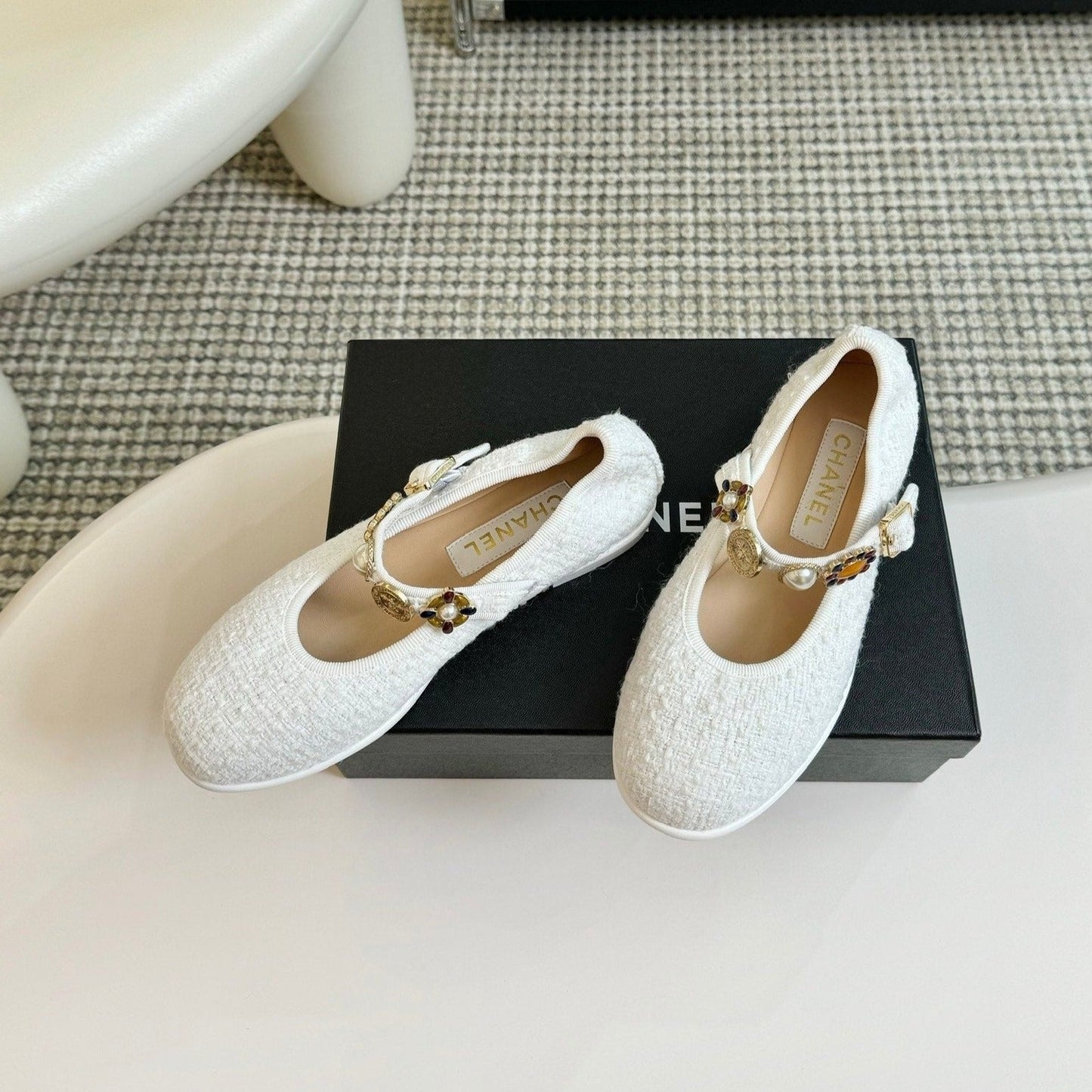MARY JANE SHOES WHITE WOOL TWEED - 35