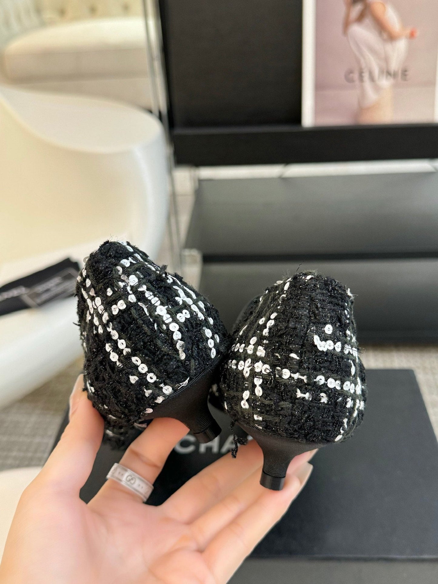 CC MARY JANE IN BLACK MIX WHITE WOOL TWEED - 35