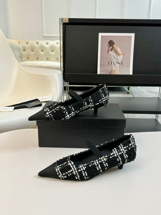 CC MARY JANE IN BLACK MIX WHITE WOOL TWEED - 35
