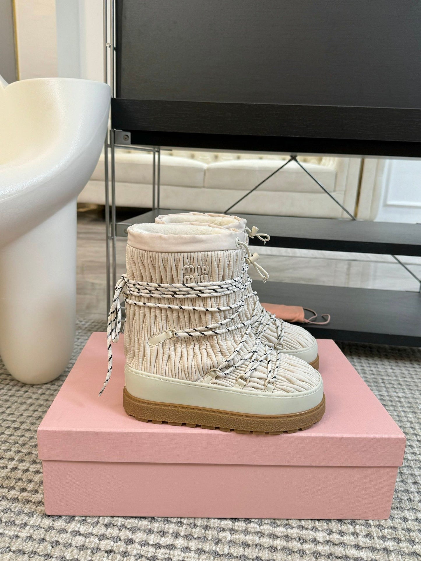 SNOW ANKLE BOOTS IN COSMIC LATTE WRINKLED NYLON - 35