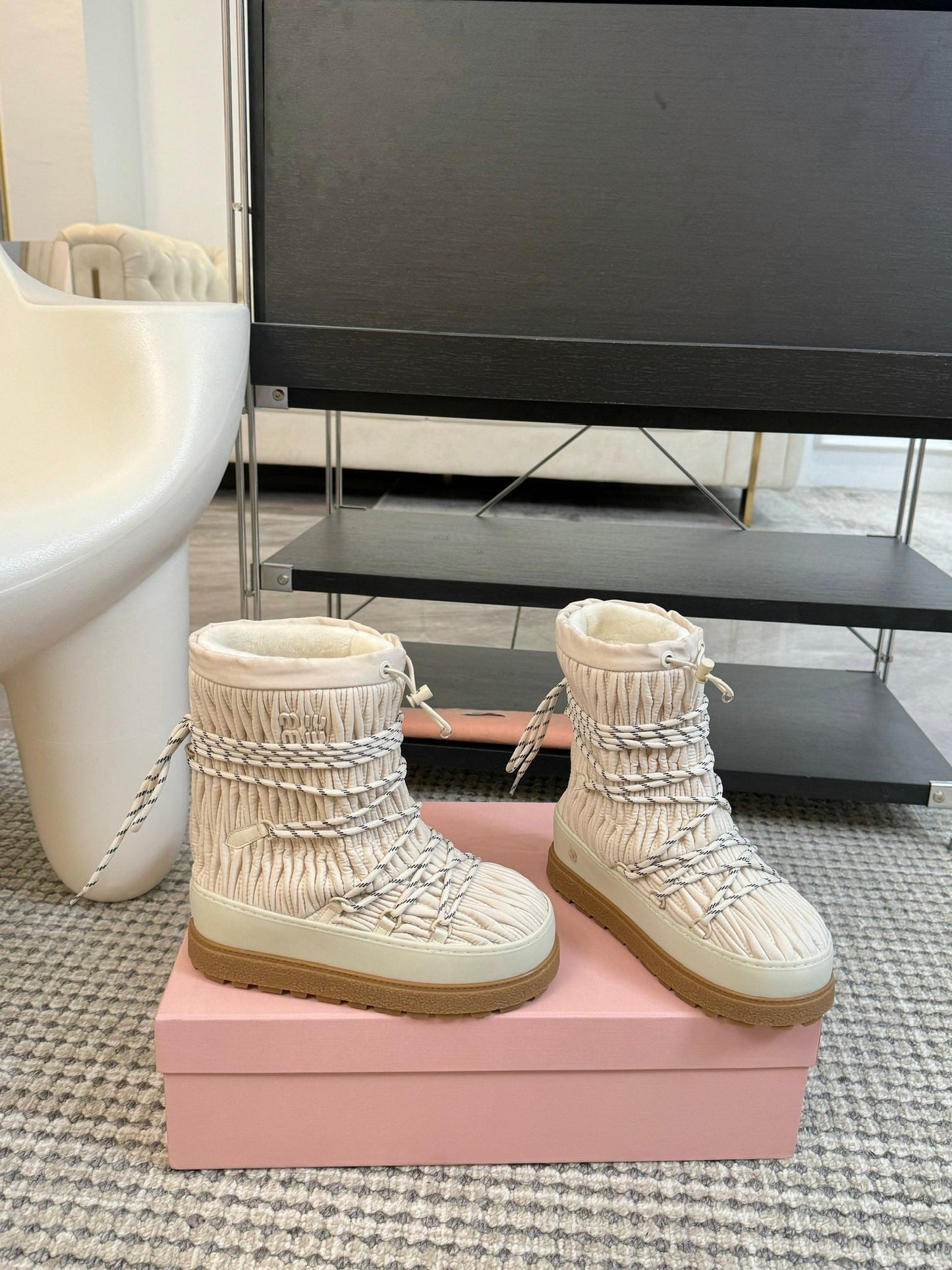 SNOW ANKLE BOOTS IN COSMIC LATTE WRINKLED NYLON - 35