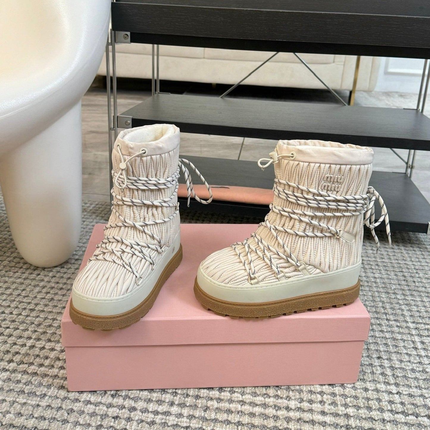 SNOW ANKLE BOOTS IN COSMIC LATTE WRINKLED NYLON - 35