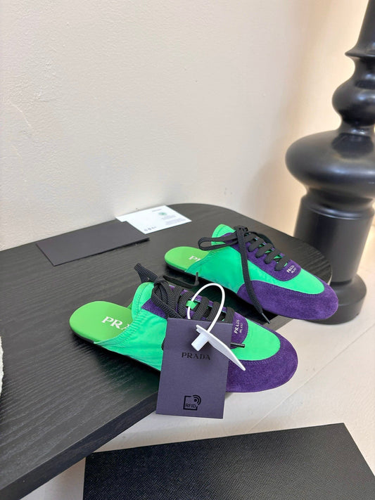 SNEAKER MULES IN GREEN NYLON AND PURPLE SUEDE - 35