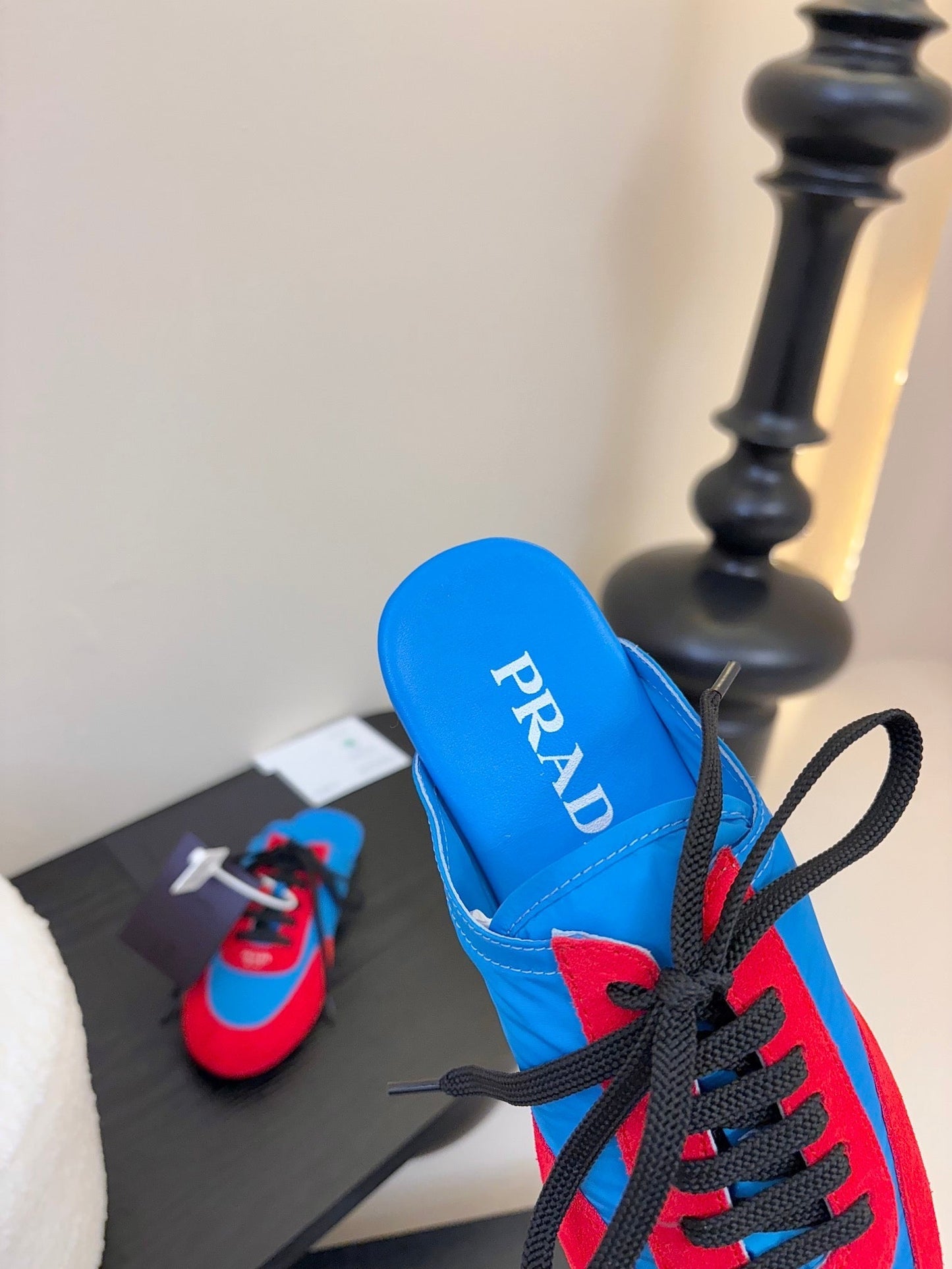 SNEAKER MULES IN BLUE NYLON AND RED SUEDE - 35