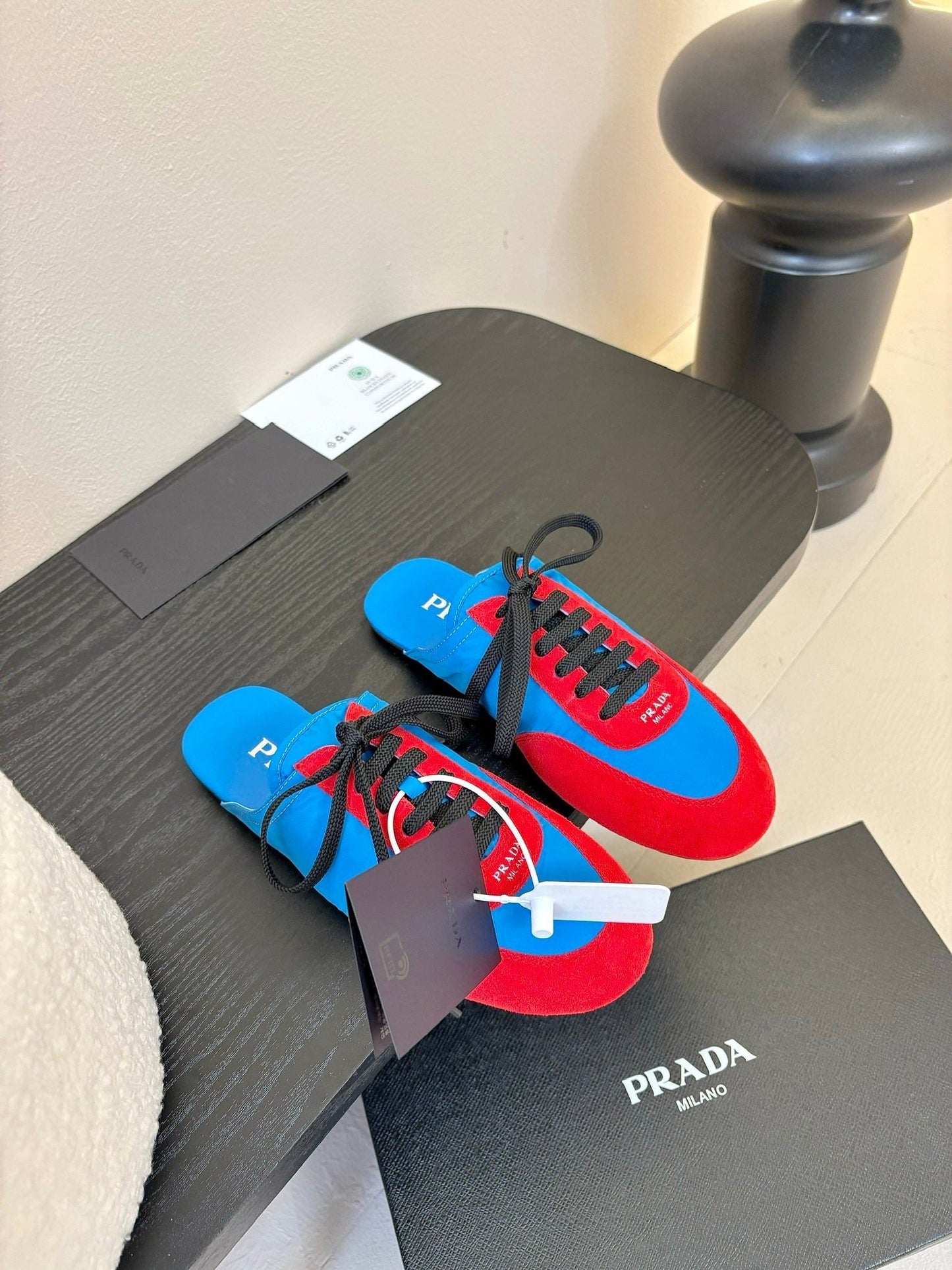 SNEAKER MULES IN BLUE NYLON AND RED SUEDE - 35