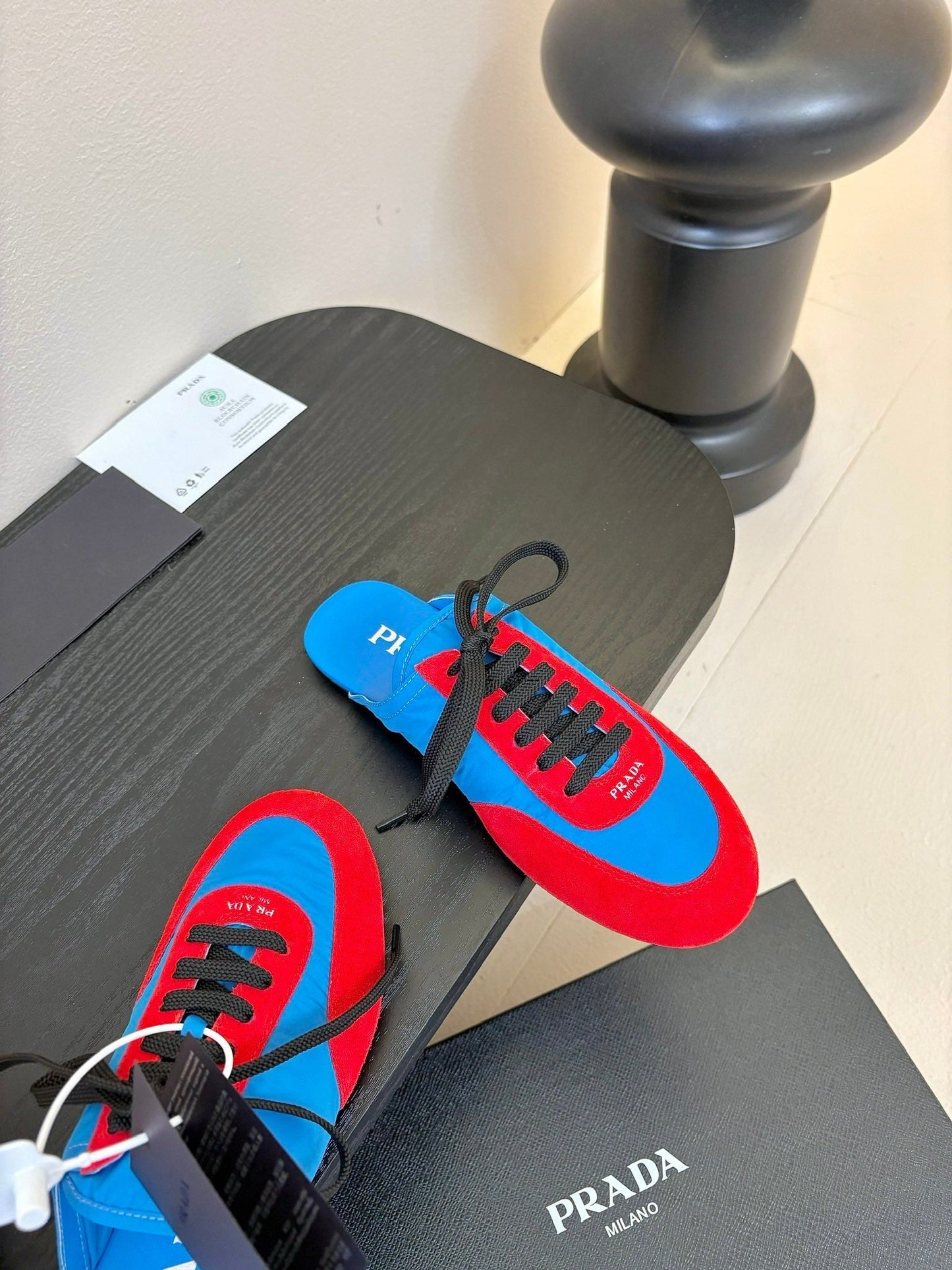 SNEAKER MULES IN BLUE NYLON AND RED SUEDE - 35