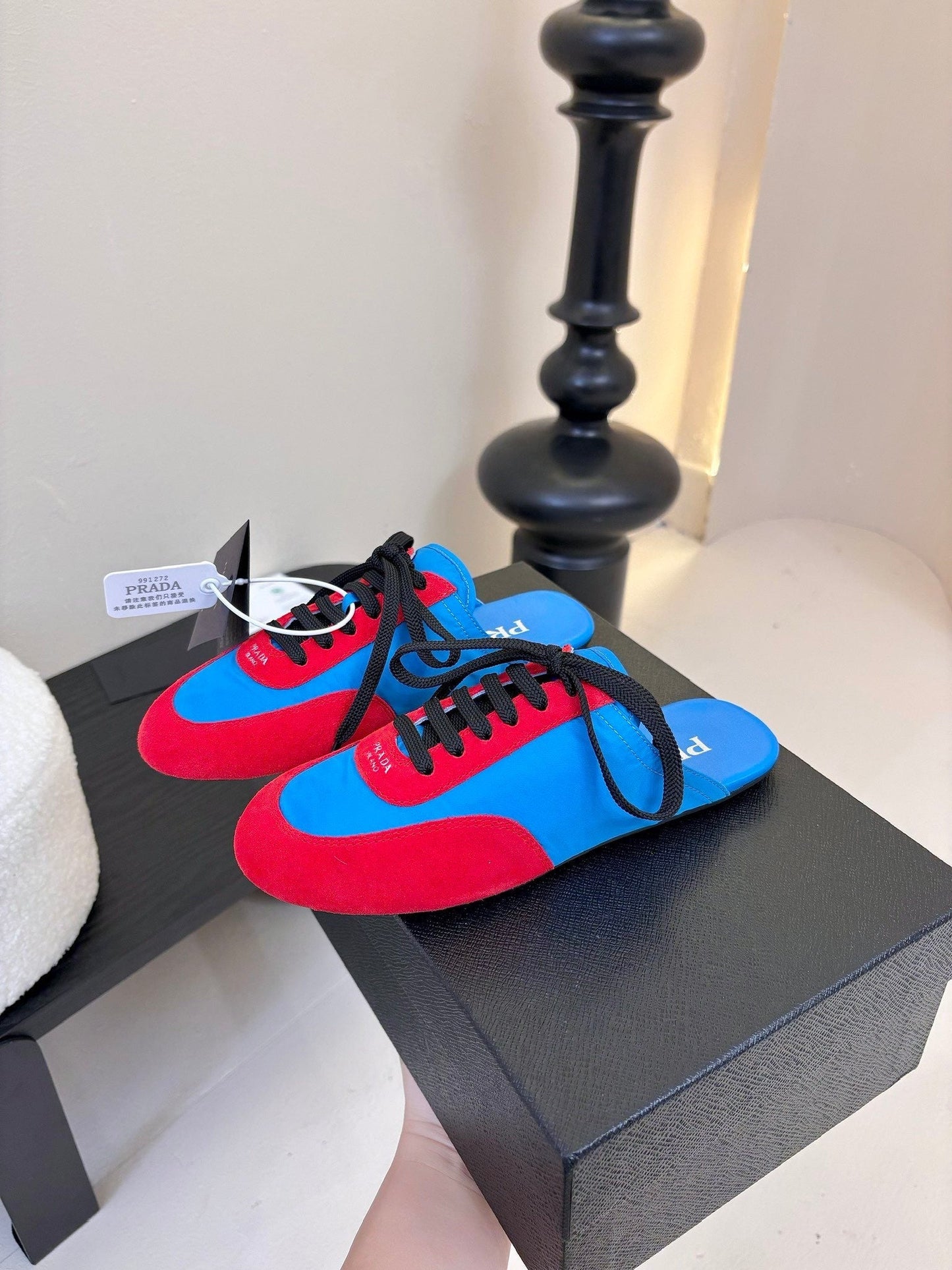 SNEAKER MULES IN BLUE NYLON AND RED SUEDE - 35