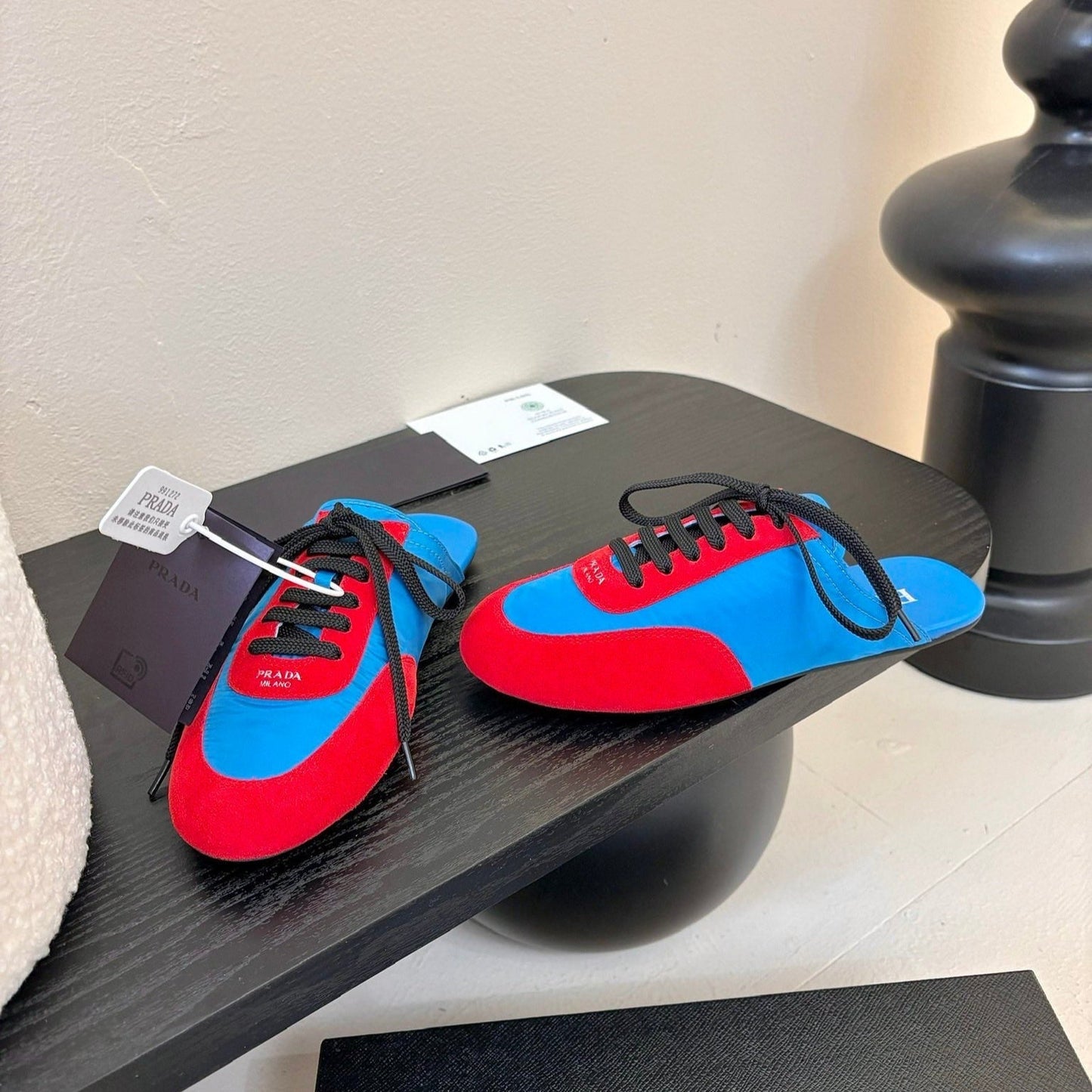 SNEAKER MULES IN BLUE NYLON AND RED SUEDE - 35
