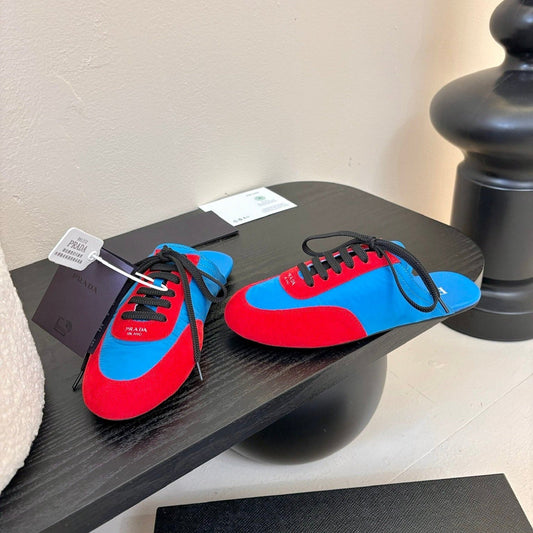 SNEAKER MULES IN BLUE NYLON AND RED SUEDE - 35