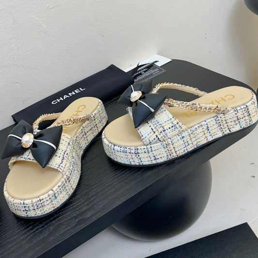 PLATFORM FLIP-FLOPS IN BEIGE TWEED FABRIC - 35