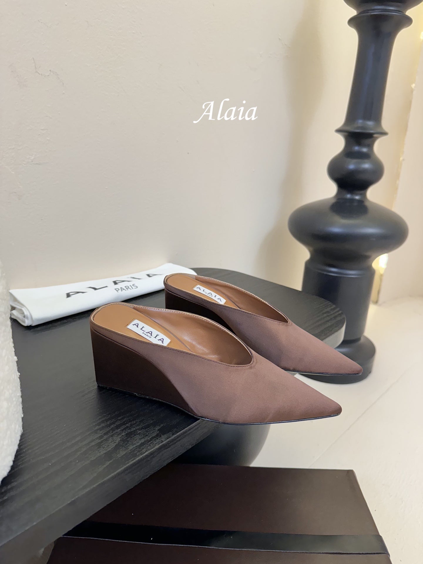 ALAIA HIGH MULES 25S IN BROWN SATIN - 35