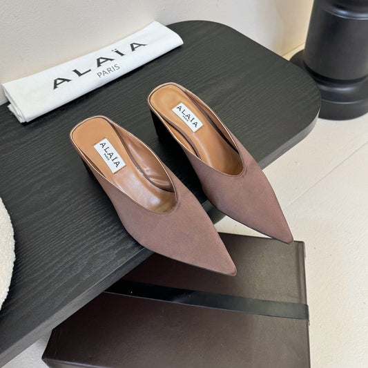ALAIA HIGH MULES 25S IN BROWN SATIN - 35