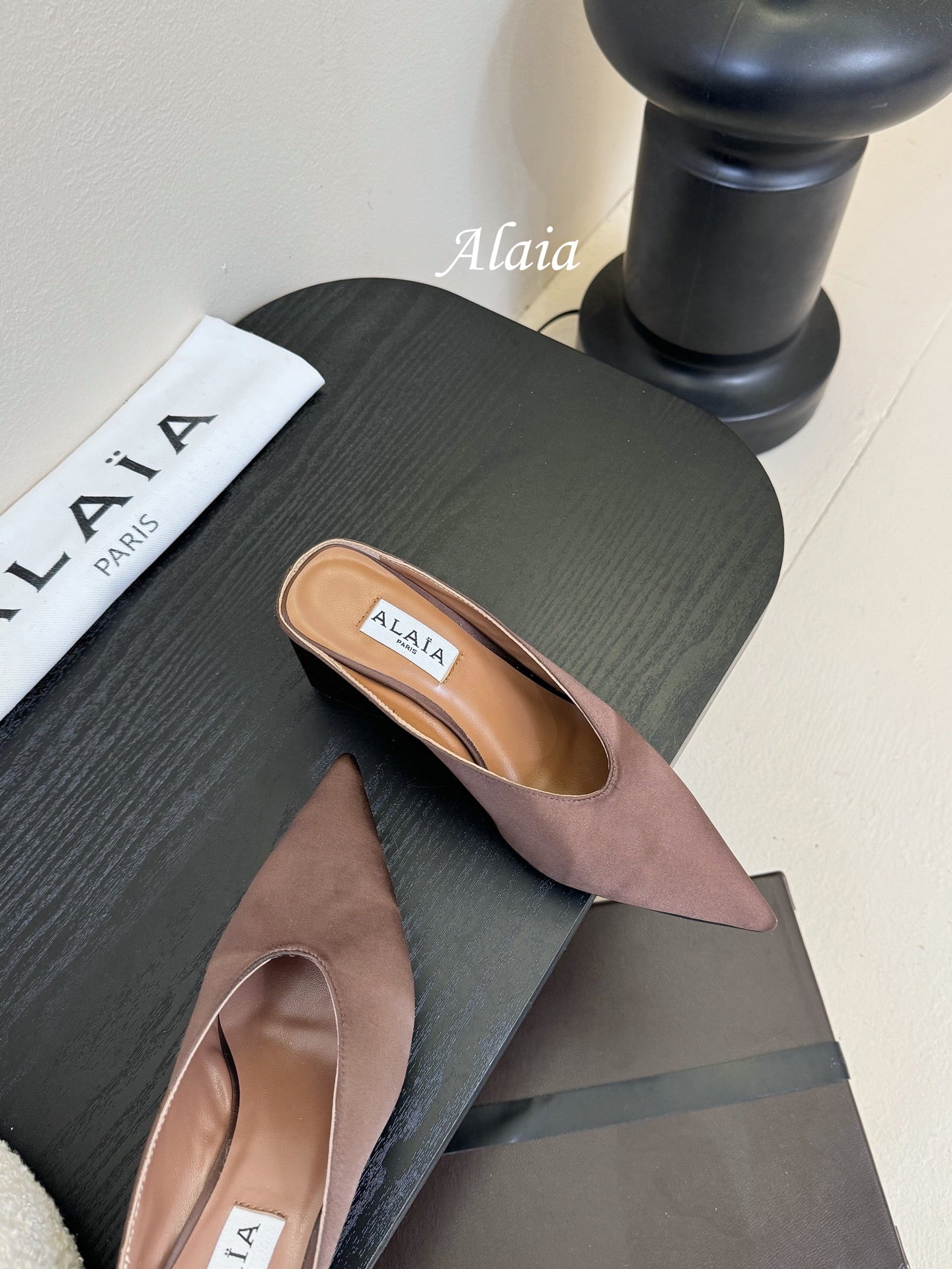 ALAIA HIGH MULES 25S IN BROWN SATIN - 35